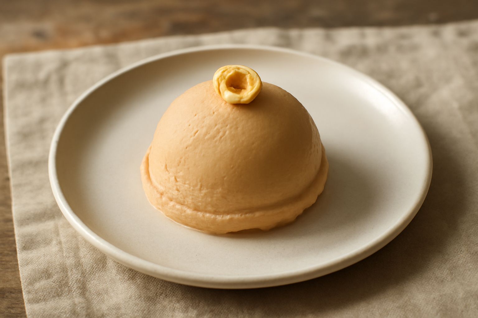 Coppetta di gelato color nocciola chiaro, cremoso e compatto, guarnito con una mezza nocciola intera tostata sulla cima, servito su tavolo di legno con nocciolle sgusciate sparse accanto