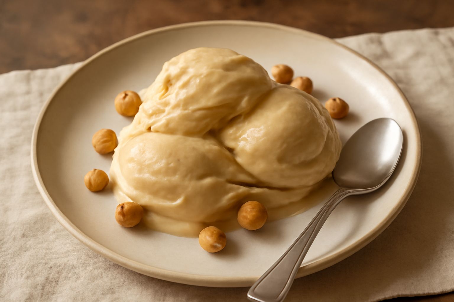 Tre cucchiaiate di gelato di nocciola color beige acceso in una coppetta di ceramica bianca, con una nocciola intera collocata accanto sulla sinistra e un cucchiaio di legno appoggiato sul bordo