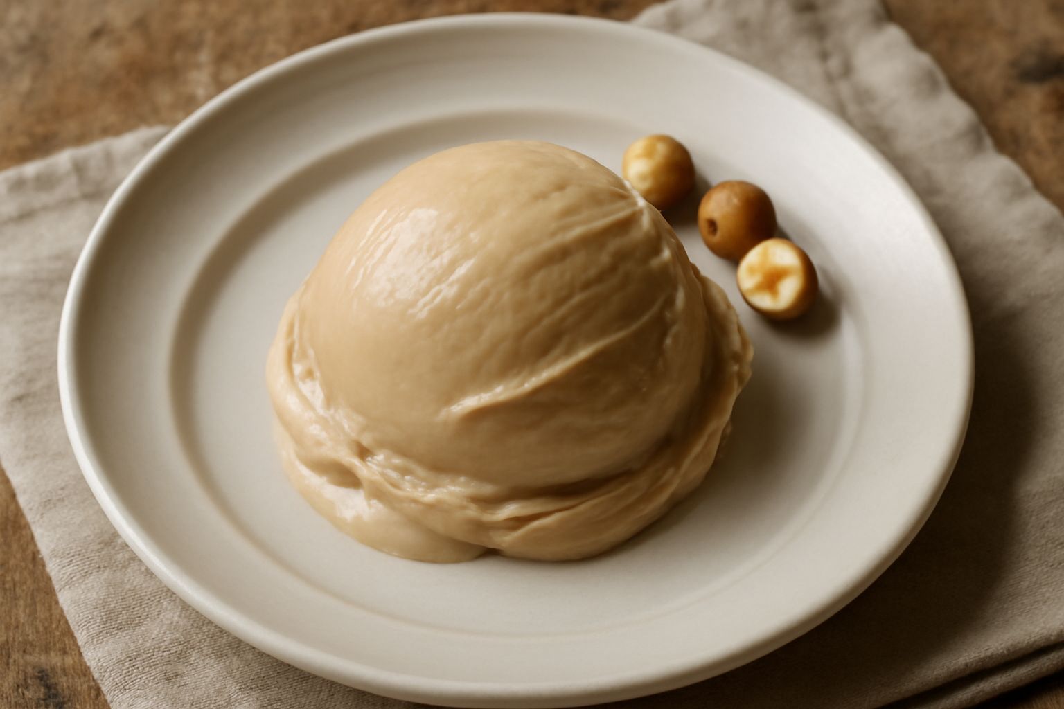 Coppetta di gelato marrone chiaro con sfumature nocciola, superficie liscia e cremosa, una cucchiaiata di gelato staccata dal mucchio, servito in tazza bianca su tavolo di legno naturale