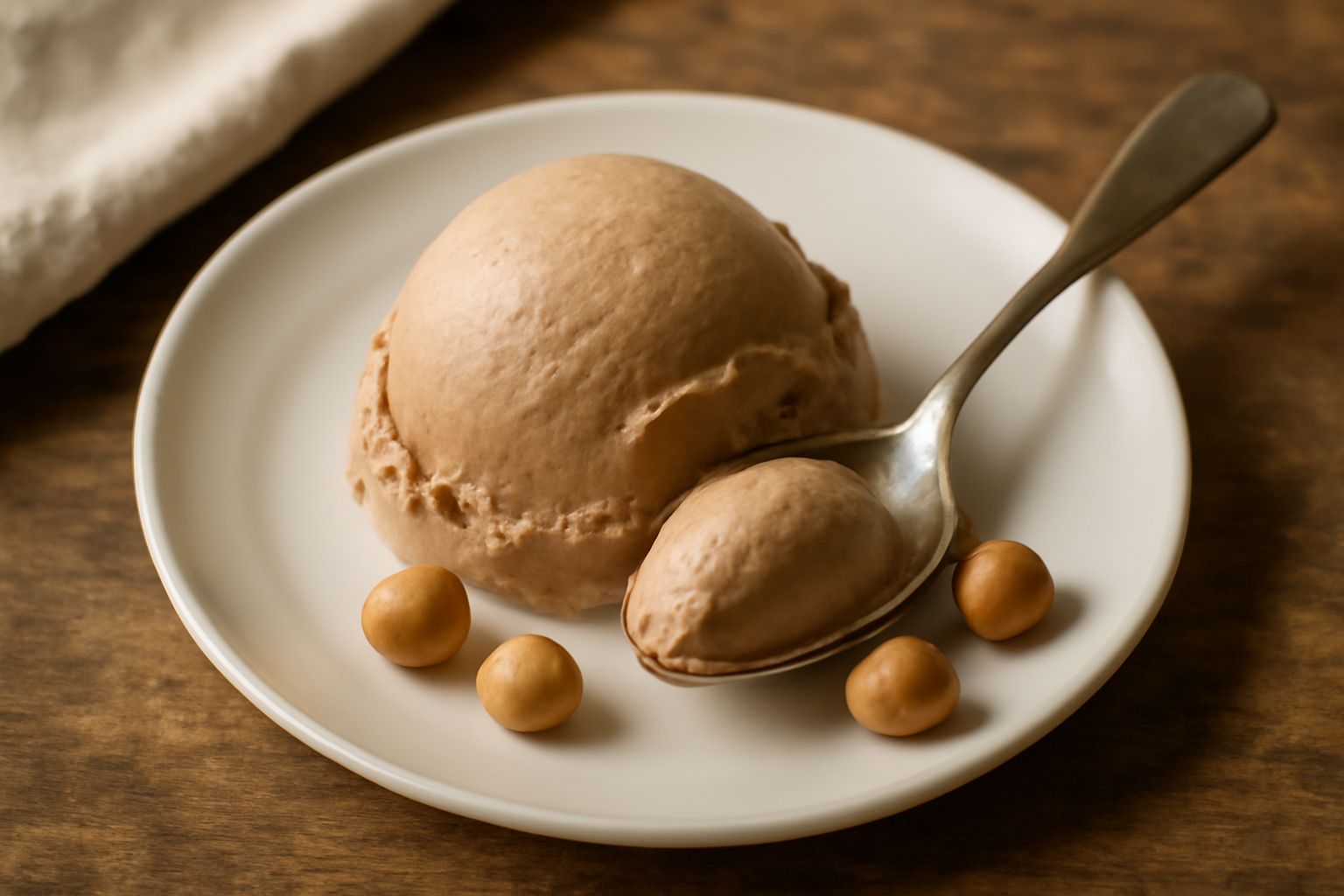 Coppetta di gelato di nocciola toscana color marrone nocciola, cremoso e liscio, con una cucchiaiata in primo piano, sfondo bianco e ombra morbida