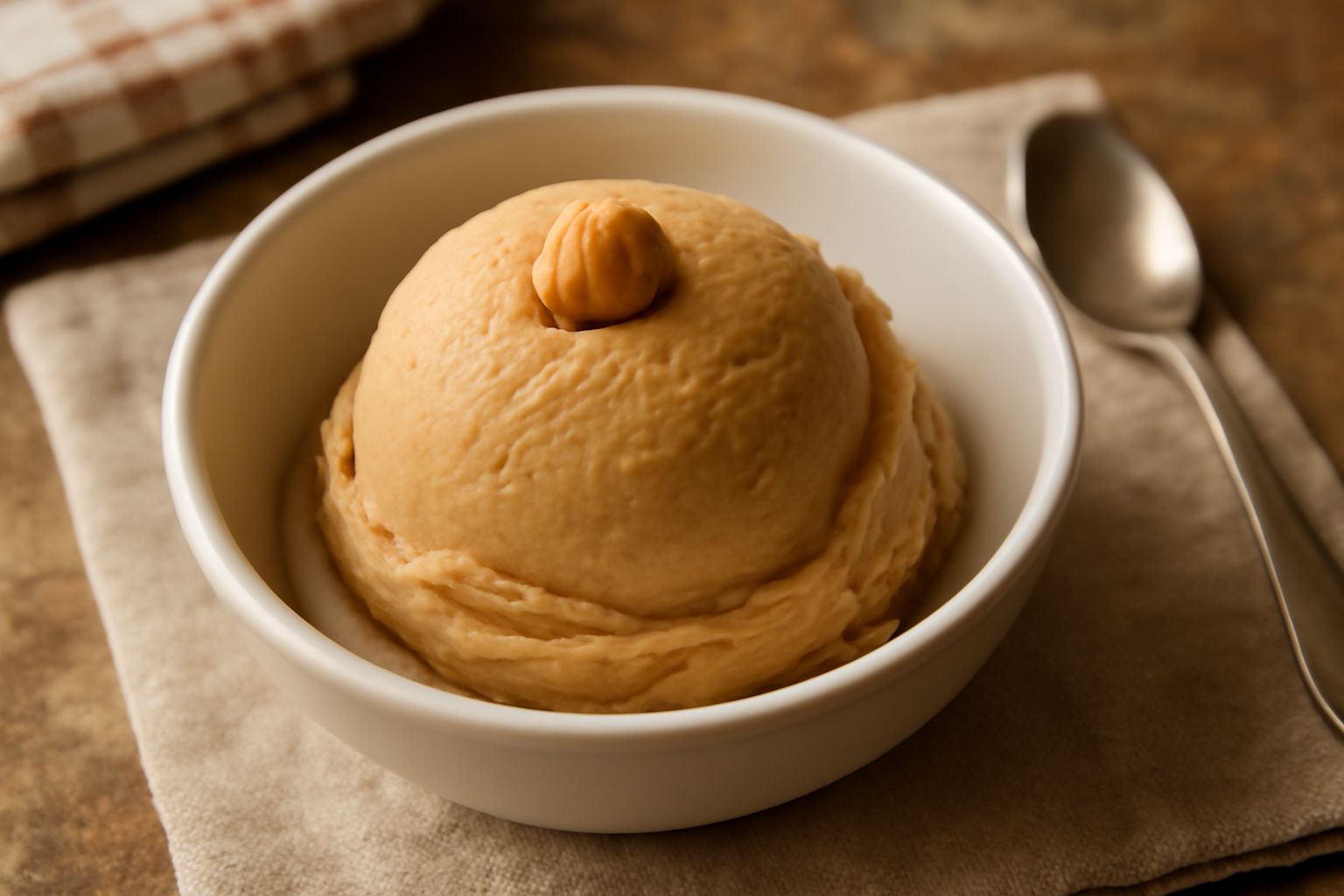 Gelato di nocciola color marrone nocciola in coppetta di vetro trasparente, con superficie liscia e una cucchiaiata che mostra la consistenza cremosa e compatta, guarnito con una nocciola intera tosta