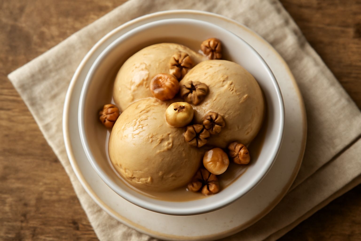 Tre palline di gelato di nocciola in una coppetta di vetro trasparente, color beige intenso e cremoso, con superficie liscia e lucida, accompagnate da una nocciola intera e una foglia di menta fresca 