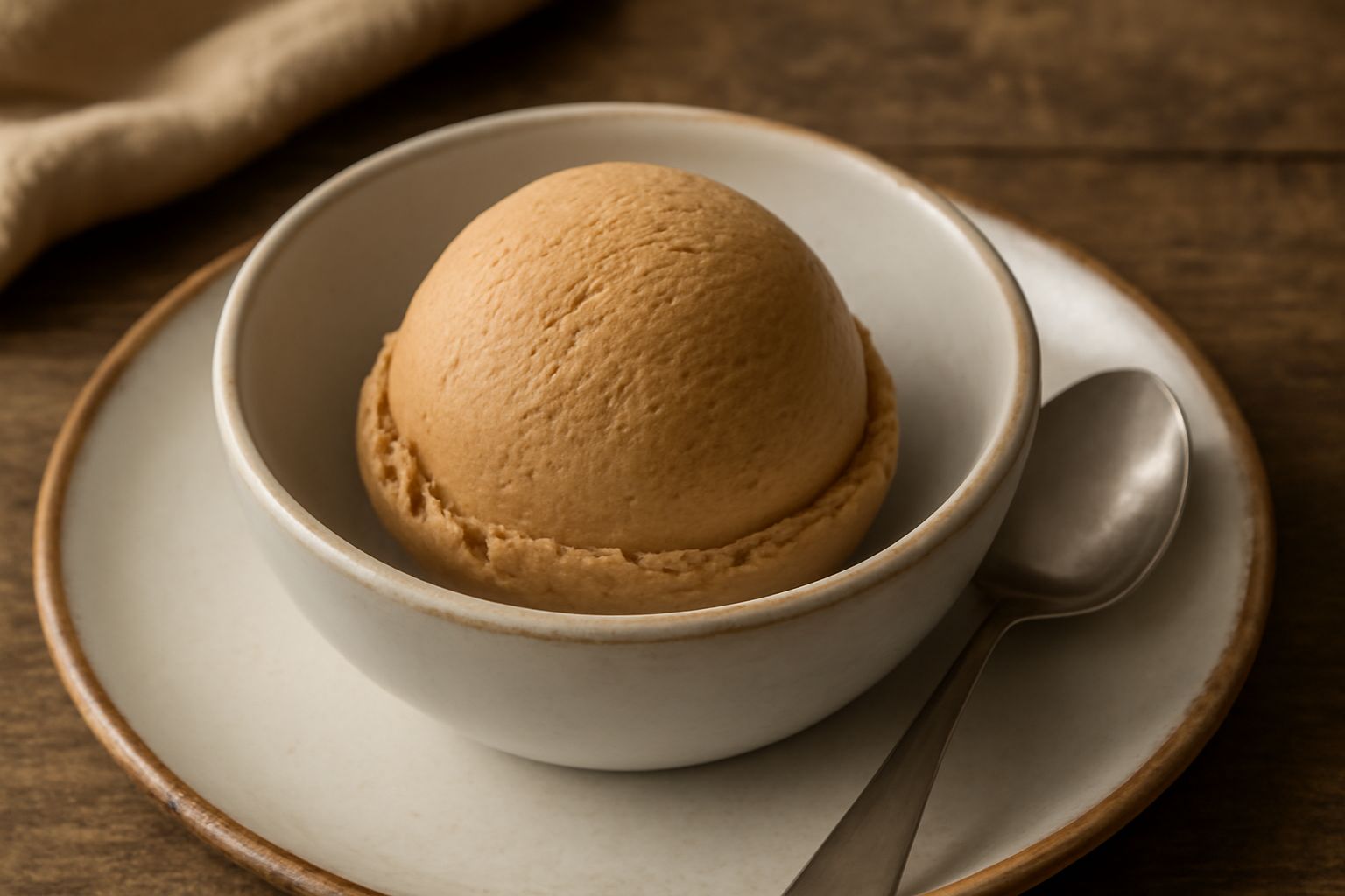 Gelato di nocciola in coppetta di vetro, colore beige nocciola intenso, superficie liscia con una pallina ben formata, cucchiaio in legno appoggiato sul bordo, sfondo bianco