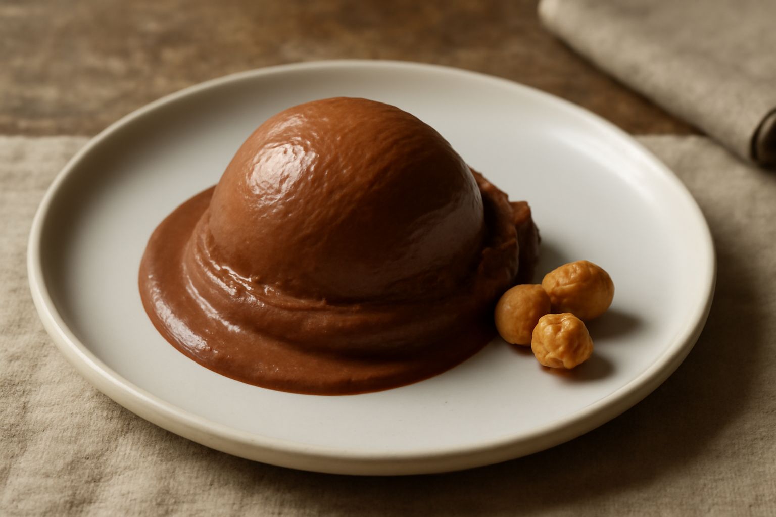 Gelato di nocciolata marrone scuro servito in coppetta di vetro trasparente, tre cucchiaiate tondeggianti, nocciola intera appoggiata sul bordo, superficie liscia e compatta