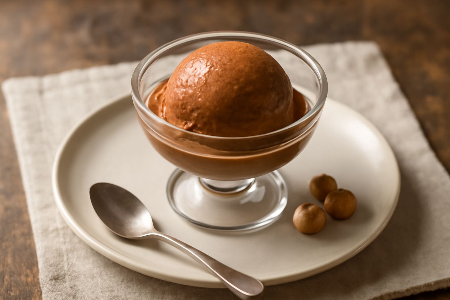 Gelato di nocciolato senese in coppetta di vetro, colore marrone nocciola intenso, superficie liscia e lucida, con una pallina tonda ben formata, fondo bianco della coppetta visibile, luce naturale
