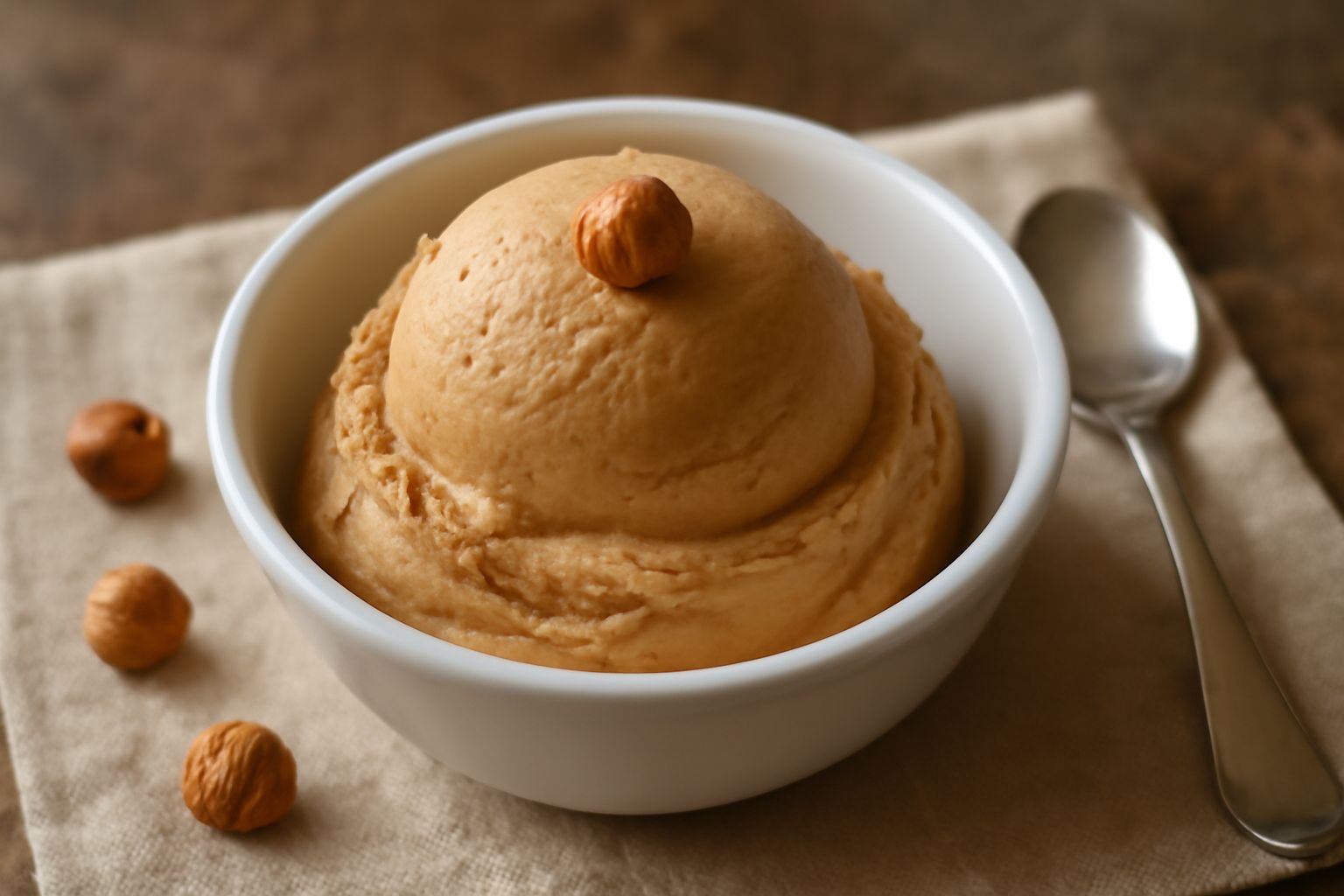 Gelato di nocciuola marrone chiaro servito in coppetta trasparente con superficie liscia e lucida, guarnito con una nocciola intera sopra, sfondo bianco
