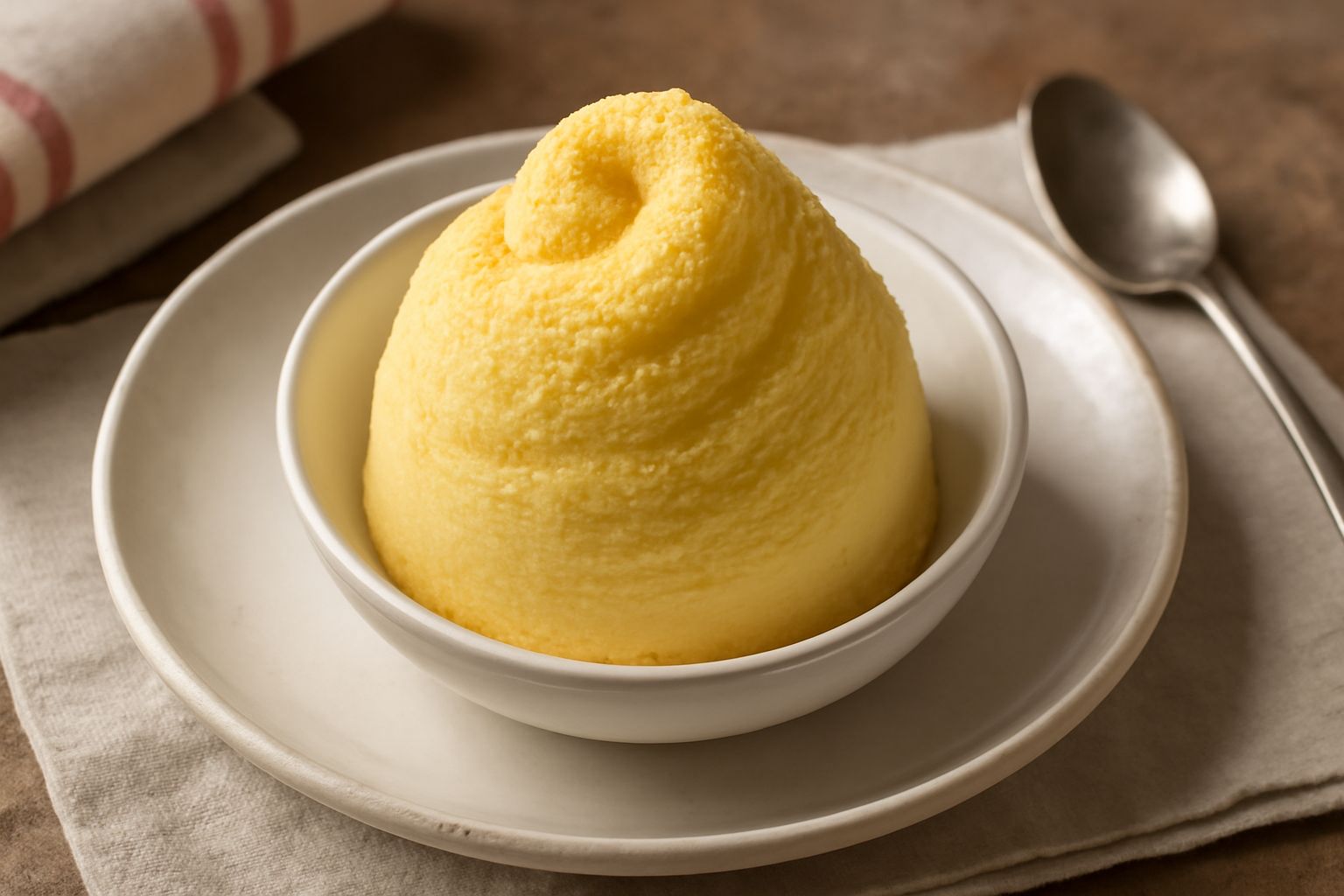 Gelato di pan di spagna servito in una coppa di vetro, di colore giallo chiaro e beige, con una pallina liscia in cima, circondato da pezzi di pan di spagna sbriciolato di colore giallo dorato, su un