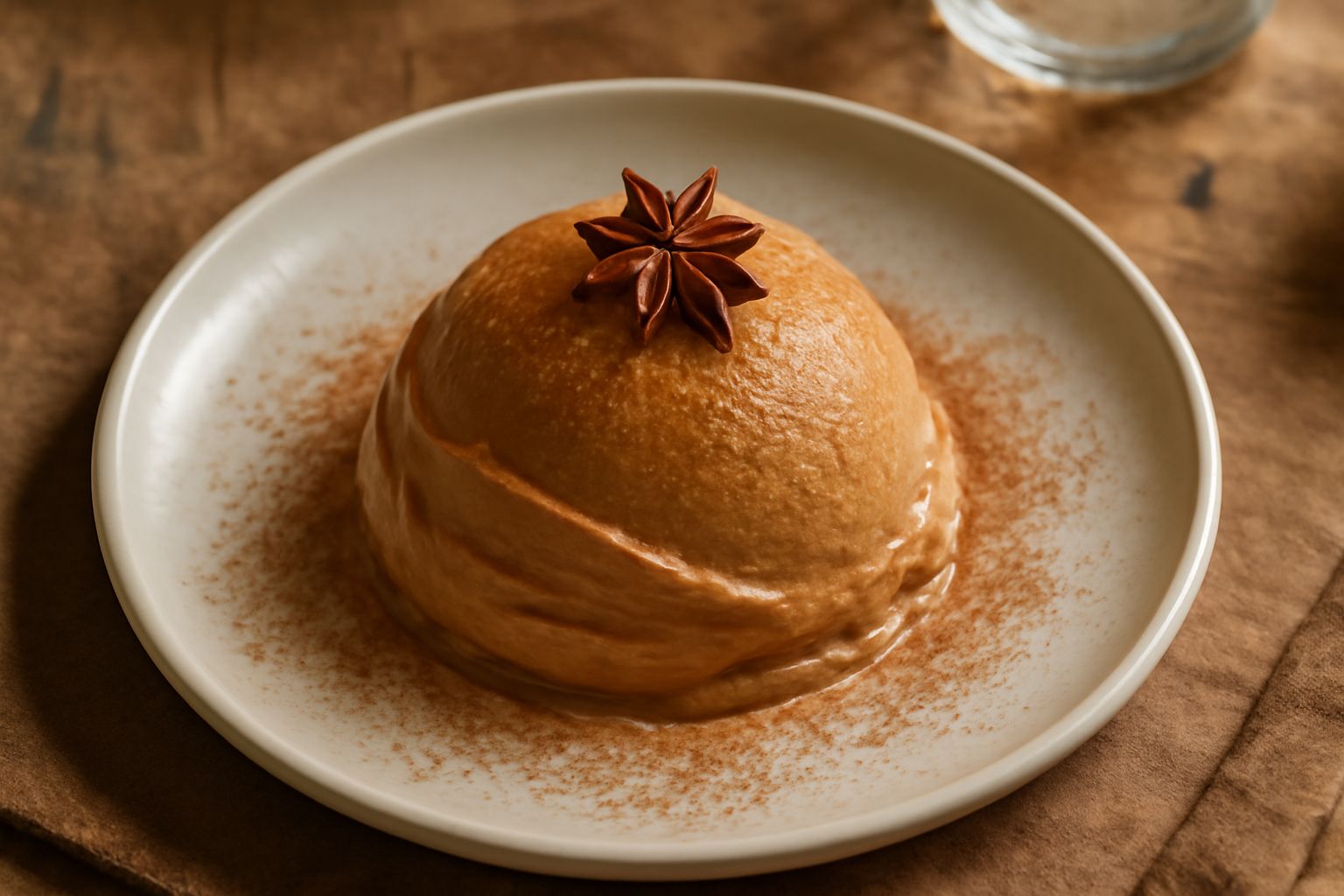 Gelato di pan di specie in coppetta trasparente, color nocciola scuro con striature più chiare, con una spolverata di cannella in polvere sulla superficie e una piccola stella di anice accanto