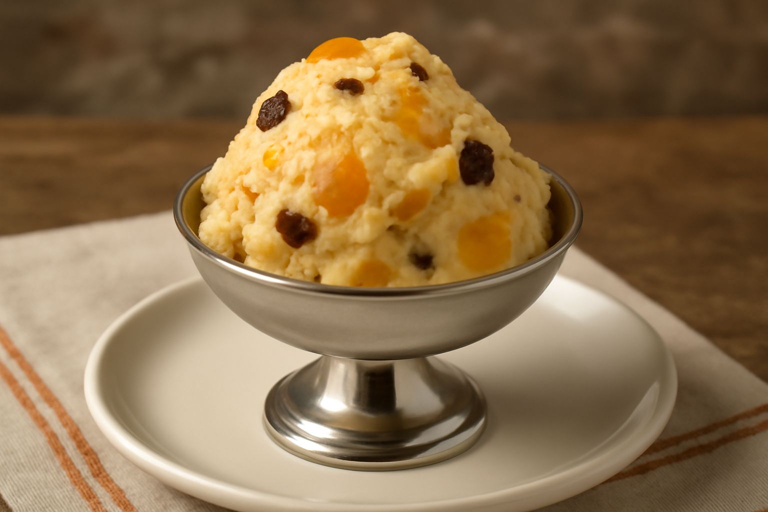 Coppa di vetro con gelato di pandolce di colore giallo ambrato, sormontato da frutta candita e uvetta, base bianca di panna montata, sfondo grigio neutro