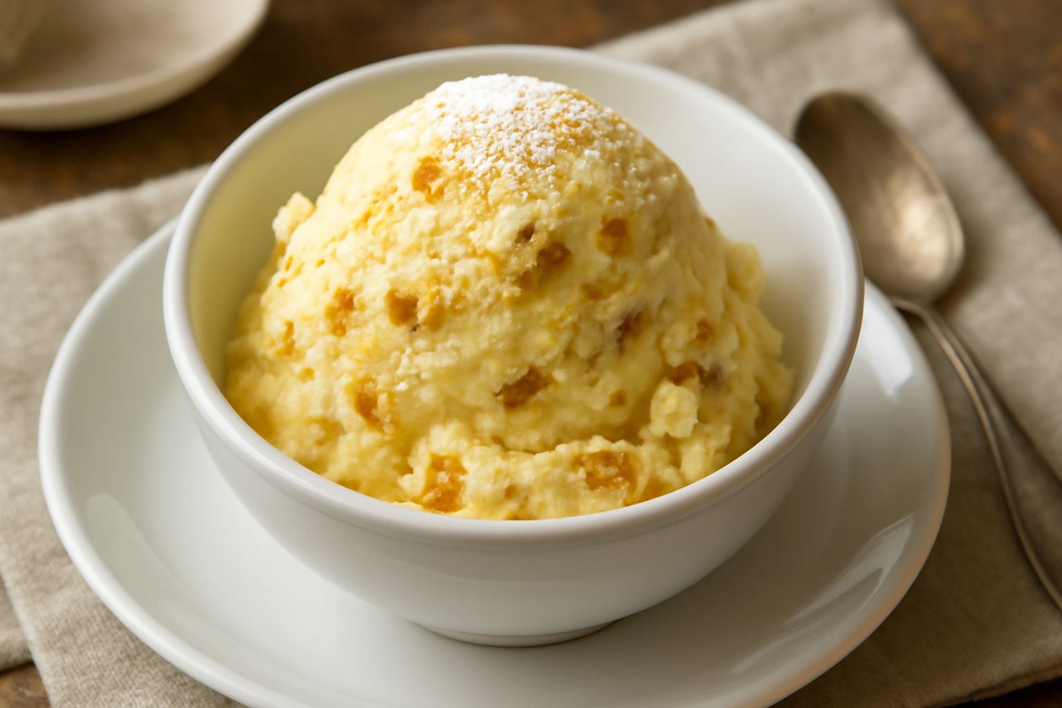 Coppetta di gelato color giallo crema con striature dorate, con pezzetti visibili di pandoro e frutta candita, guarnito con un pezzo di pandoro integro accanto, su sfondo bianco