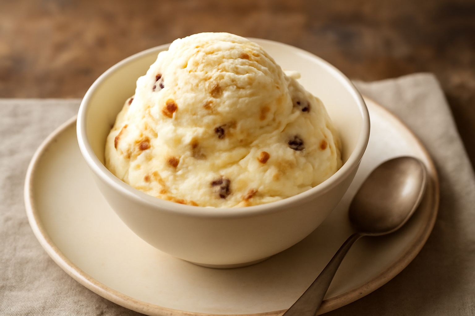 Coppetta di gelato color panna e oro con strisce di panettone a vista, decorato con una fetta di panettone tostato sul bordo, servito in bicchiere di vetro trasparente