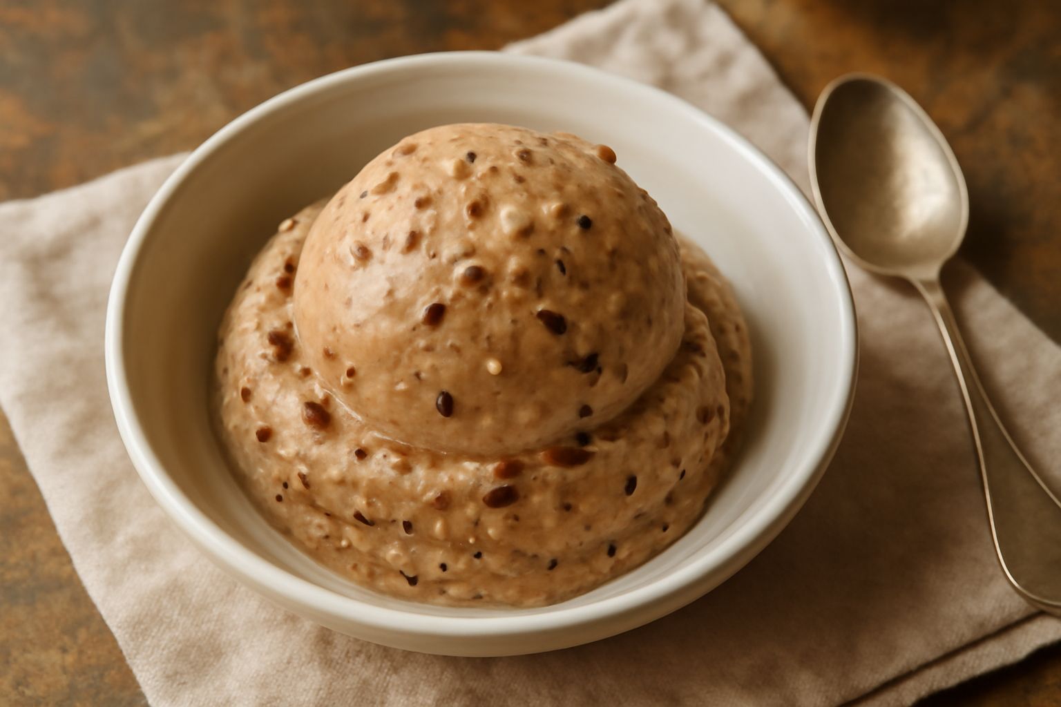 Gelato di panforte color nocciola con striature marroni, servito in coppetta di vetro trasparente, con visibili piccoli pezzi di frutta candita e nocciole, guarnito con una sottile fetta di panforte c