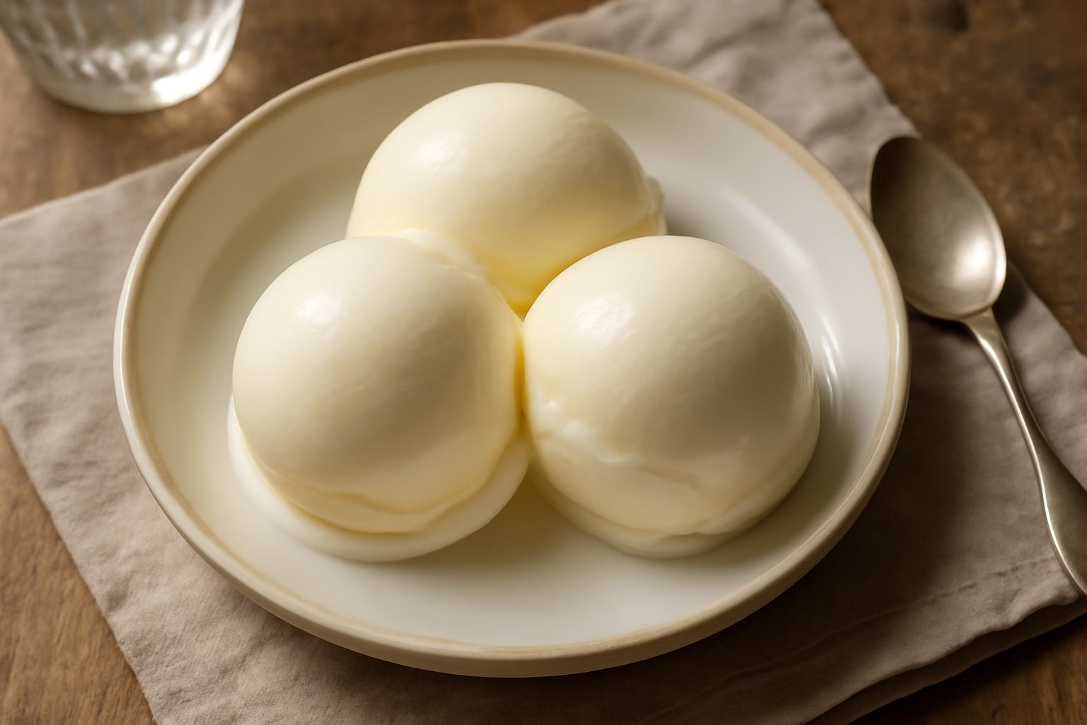 Gelato di panna bianco crema in coppetta di vetro, tre palline tonde ben definite, superficie liscia e lucida, servito con un cucchiaio in metallo su fondo bianco