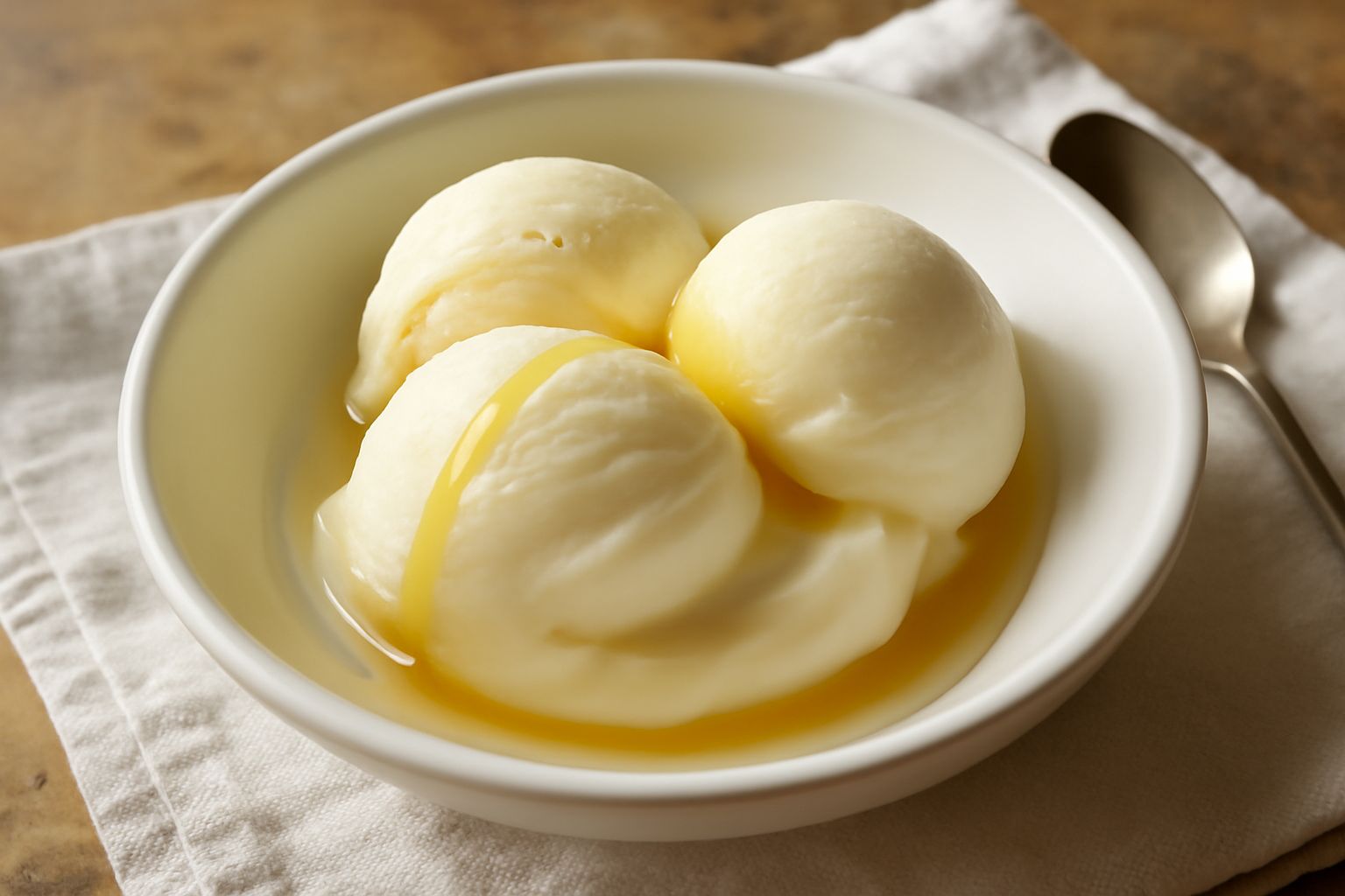 Gelato color avorio chiaro servito in coppetta di vetro, con una o due palline lisce e brillanti, una leggera ondulazione in superficie, decorato con un filo di miele dorato che scende dal bordo e qua