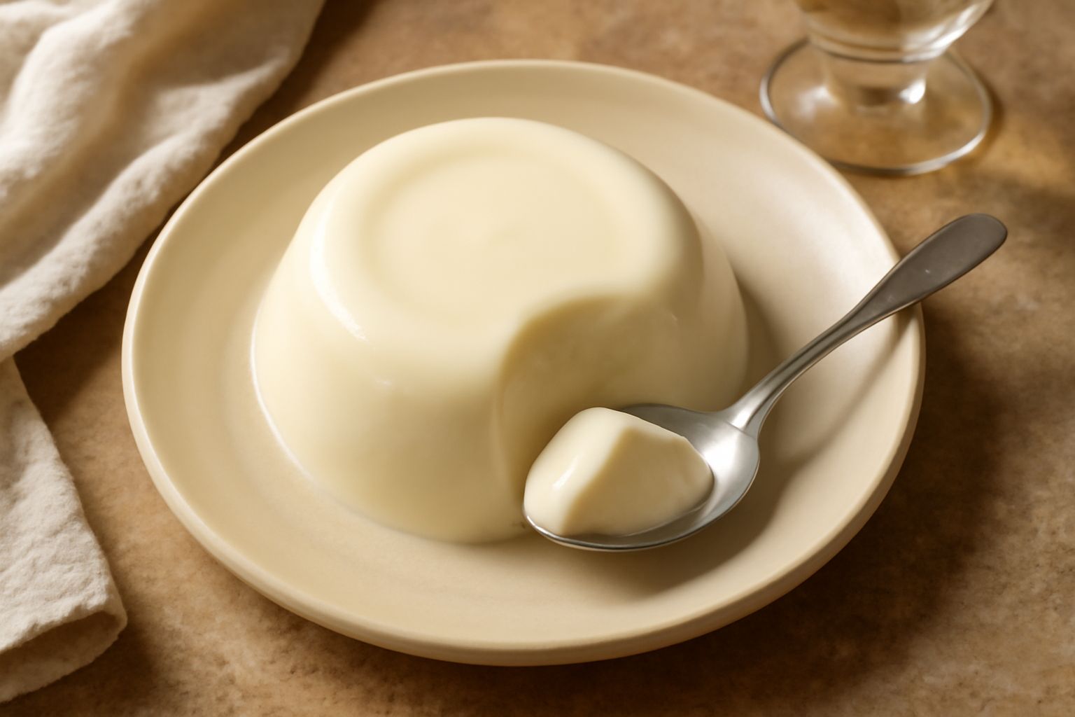 Gelato bianco cremoso di panna cotta in coppa di vetro trasparente, guarnito con una fragola rossa, cucchiaio metallico, sfondo bianco neutro con ombra morbida
