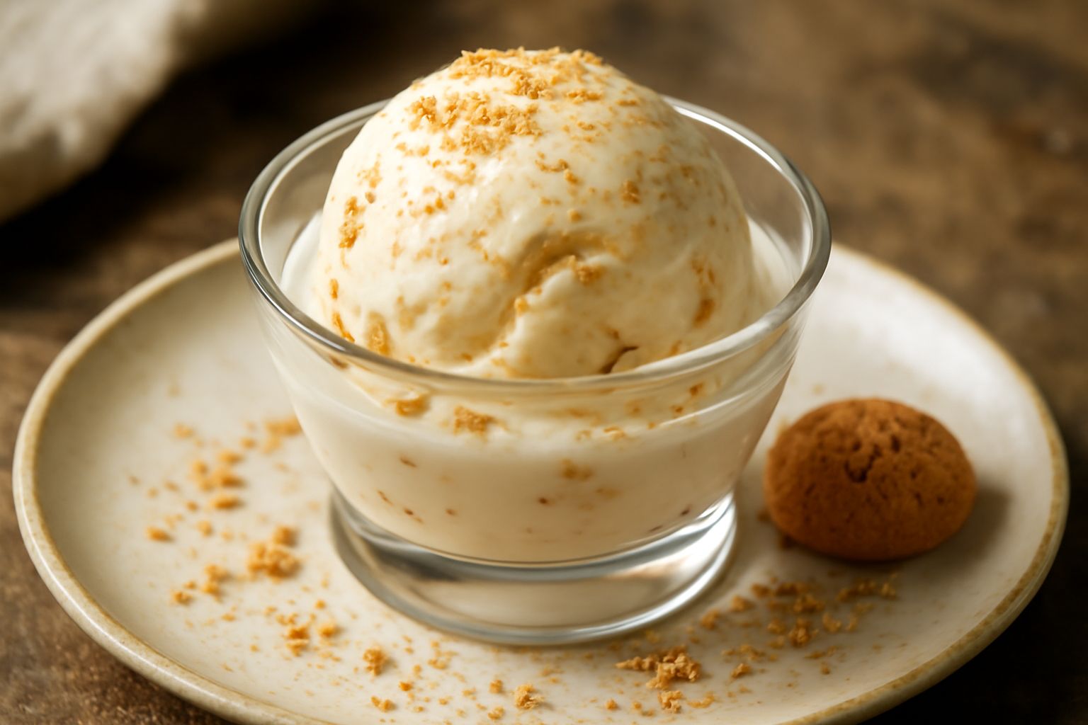 Coppetta di gelato bianco panna con sfumature nocciola, guarnito con mezzo biscotto amaretto e granella di amaretto spolverata sulla superficie, cucchiaio argentato poggiato sulla sinistra
