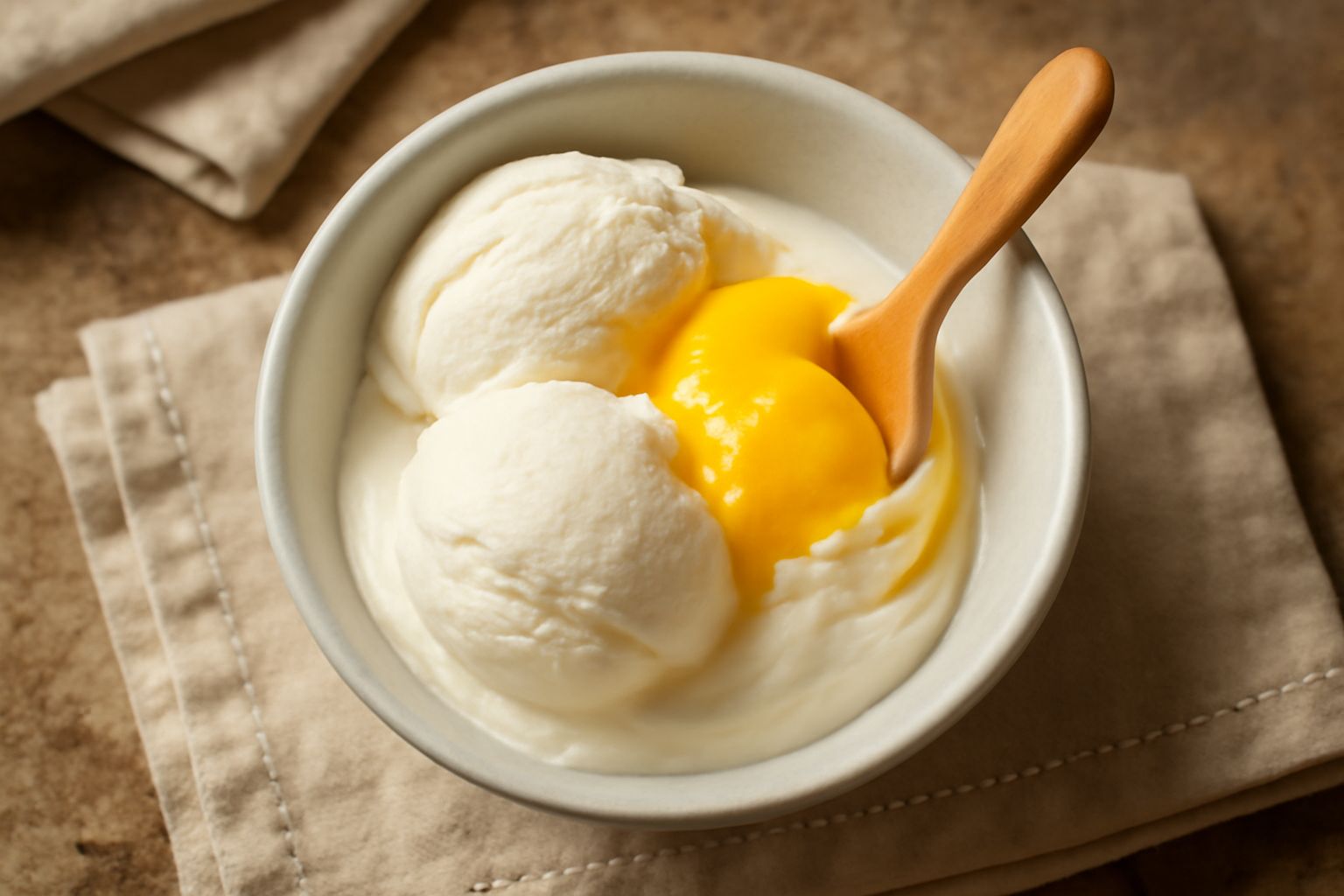 Due coppette di gelato bianco panna e zabaione con superficie morbida e ondulata, guarnito con biscotto savoiardo intera e cucchiaino in acciaio, su tavolo in legno chiaro