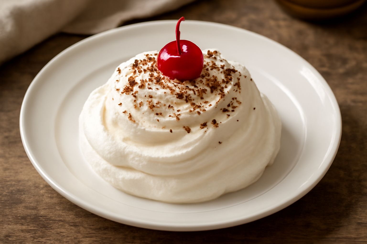 Una coppa di gelato bianco avorio, cremoso e soffice, guarnito con una ciliegia rossa e alcuni cioccolatini, servito in una ciotola di vetro trasparente con un cucchiaio di metallo
