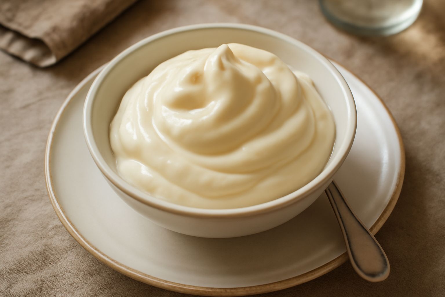 Gelato di pasta reale di colore bianco panna con surface liscia, servito in coppa di vetro trasparente, con guarnizione di granella di pistacchio verde e una foglia di menta sulla superficie