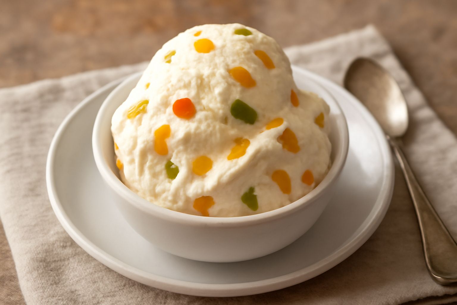 Gelato bianco-panna in coppetta trasparente con scaglie di canditi colorati (gialli, verdi, rossi) in primo piano, una cucchiaiata appoggiata al bordo, sfondo neutro bianco