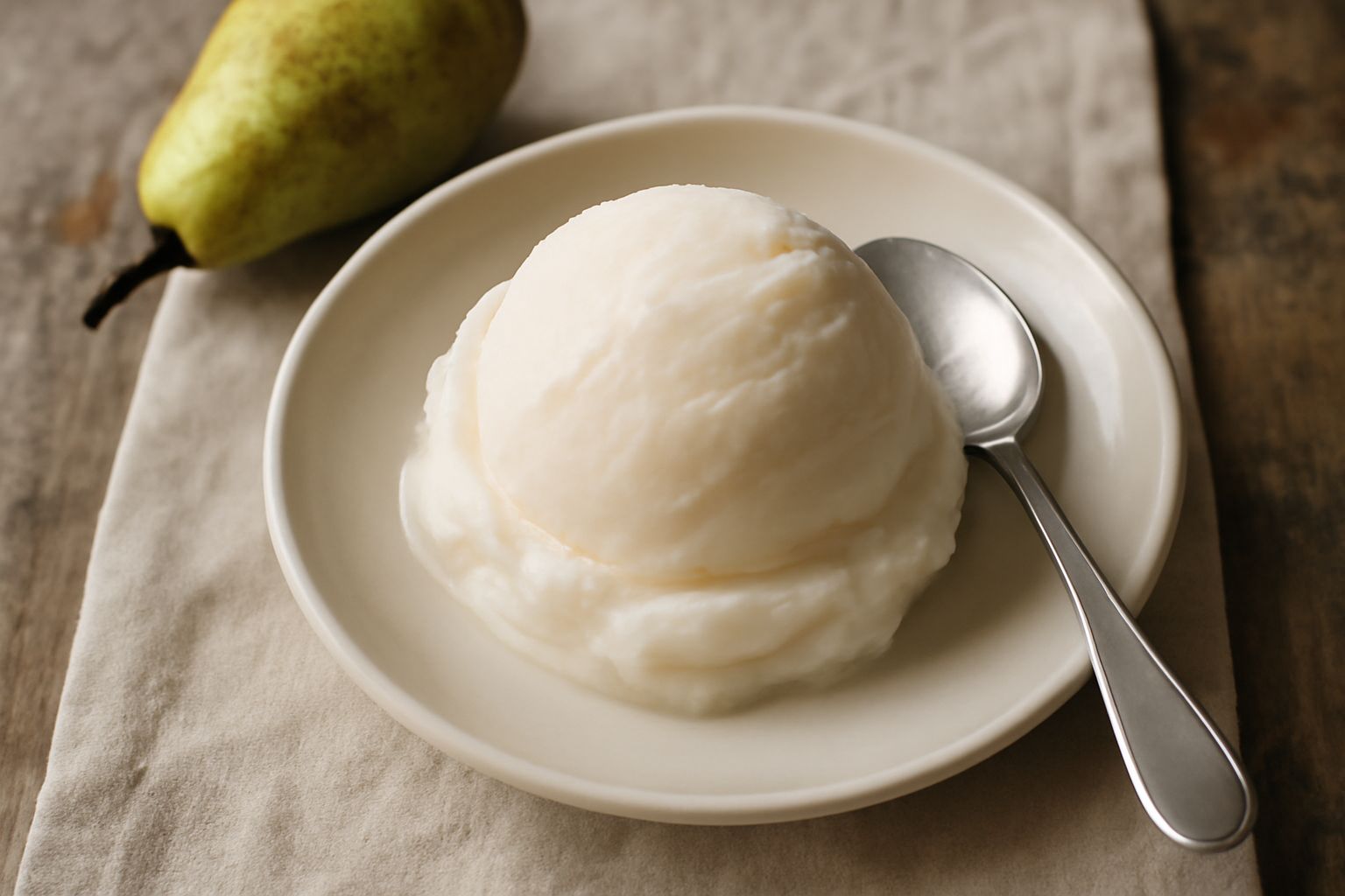 Coppetta di gelato di pera color avorio con surface liscia e lucida, accompagnato da mezza pera fresca sul piatto bianco, guarnito con foglia di menta fresca.