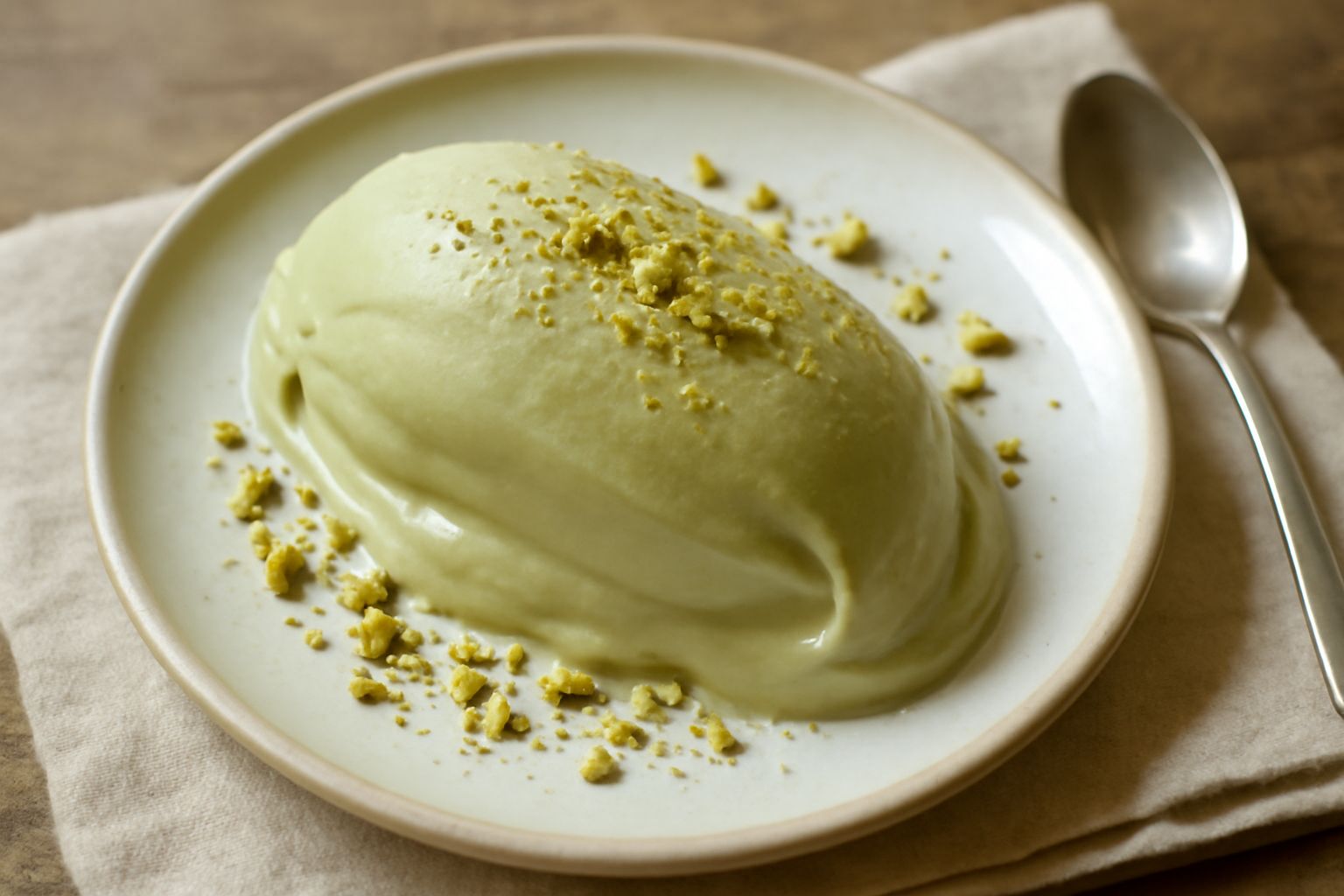 Gelato di pistacchio di colore verde naturale servito in coppetta con cucchiaio in legno, guarnito con granella di pistacchio tostato e sfondo bianco