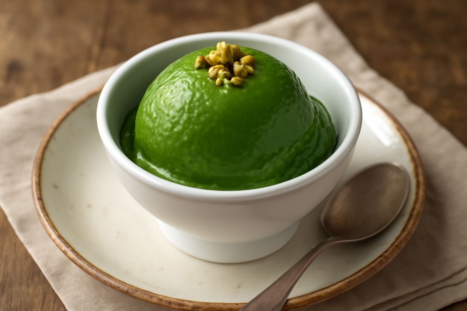 Gelato di pistacchio di colore verde intenso, servito in coppa di vetro con una pallina di forma regolare, guarnito con granelli di pistacchio e un cucchiaio di legno accanto