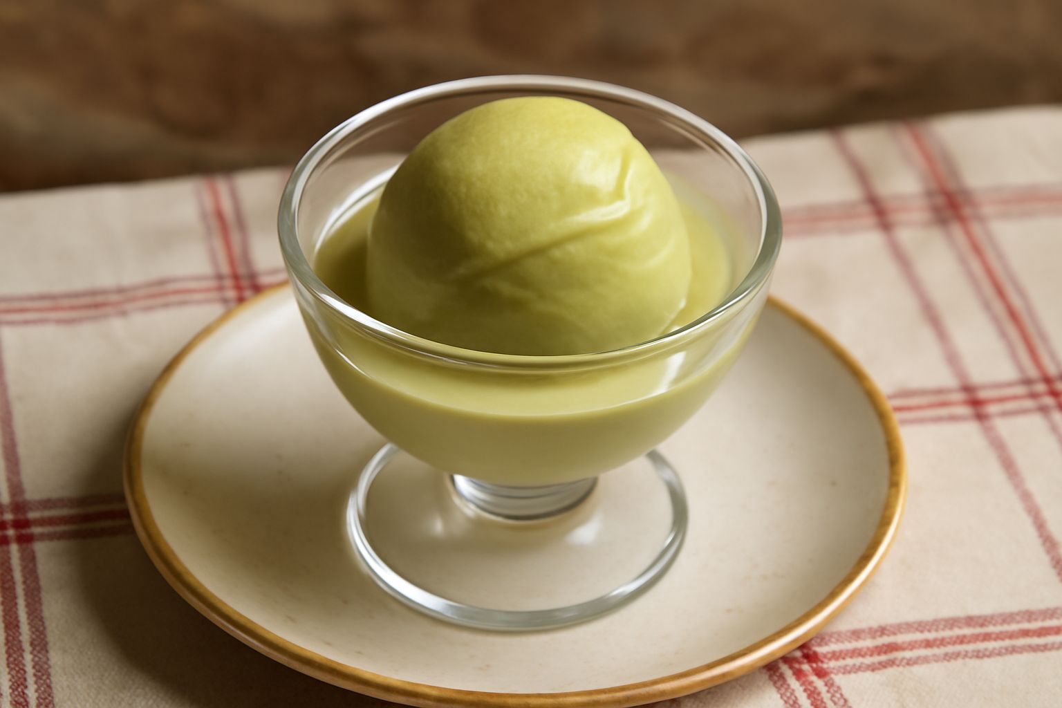 Gelato di pistacchio di colore verde pallido, servito in una coppa di vetro con una pallina tonda e compatta, superficie liscia e vellutata, senza cristalli visibili