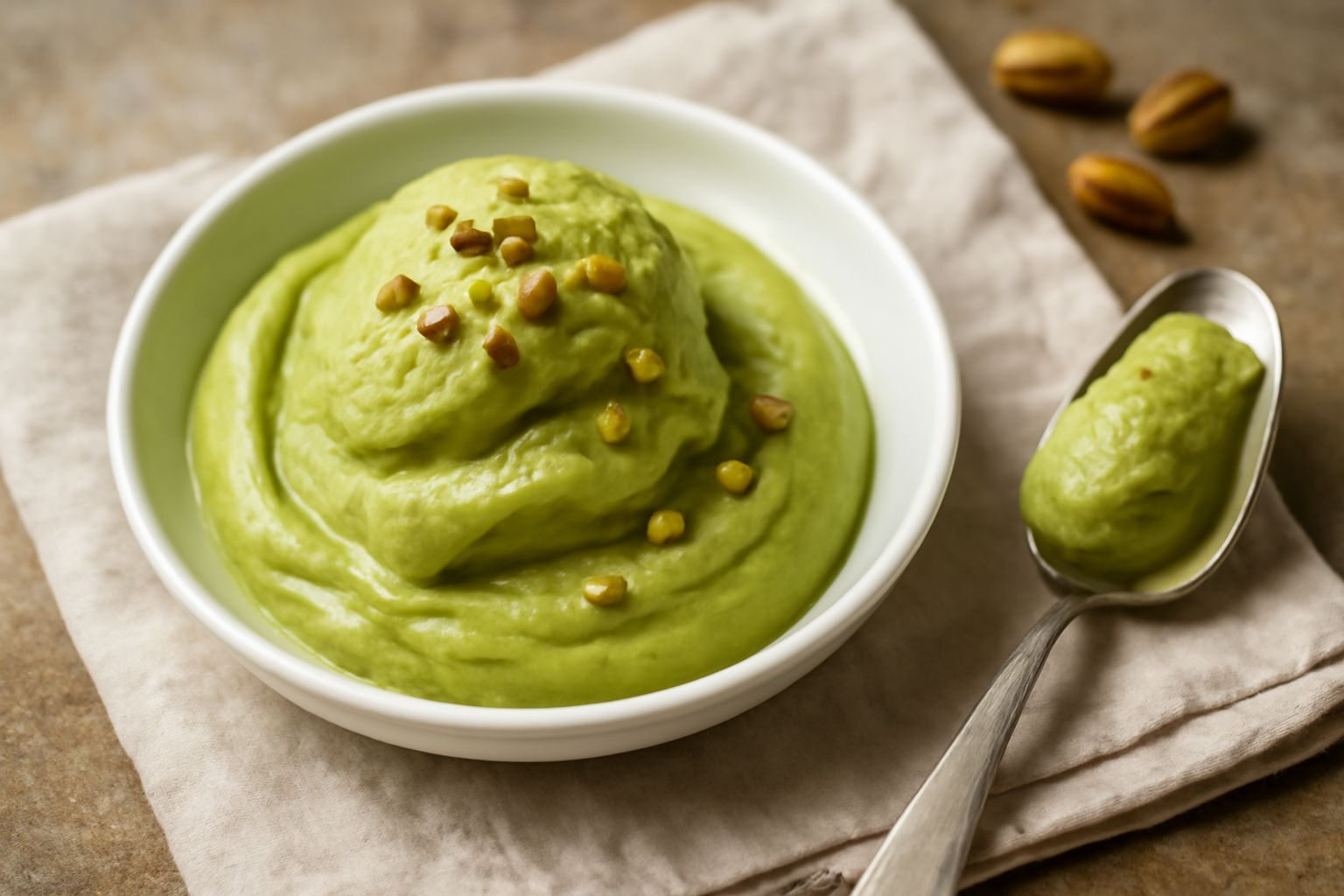 Gelato di pistacchio e ricotta di color verde pistaciello, servito in una coppetta di vetro, con una ondulazione morbida in superficie, guarnito con granella di pistacchio verde e una piccola foglia d
