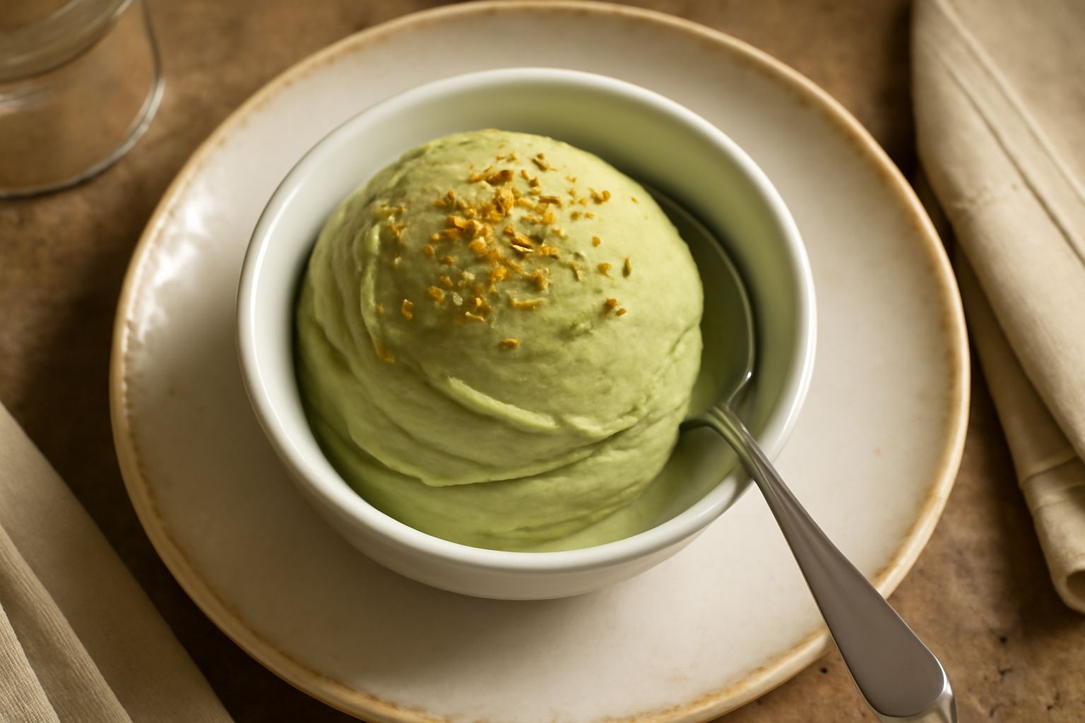 Tre palette di gelato di pistacchio triestino in coppetta bianca: colore verde naturale, superficie liscia e cremosa, guarnita con granella di pistacchio tostato