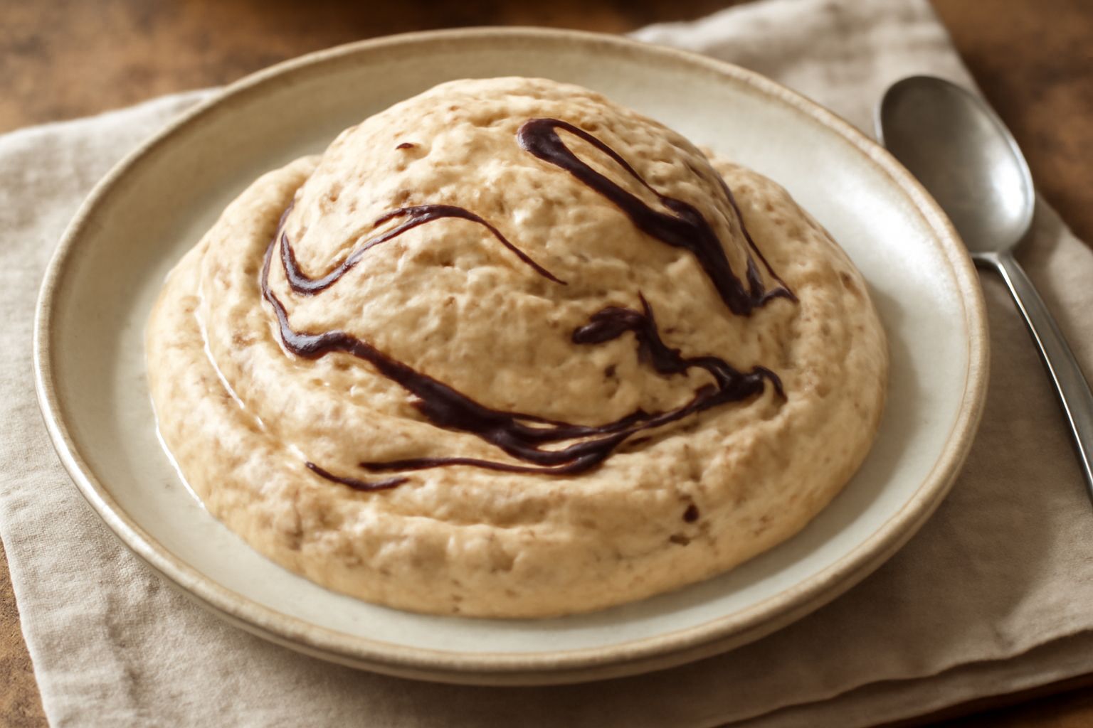 Gelato di profiterole servito in una coppa di vetro, beige e marrone scuro per le venature di cioccolato, con profiterole intere decorate con granella di nocciole a lato