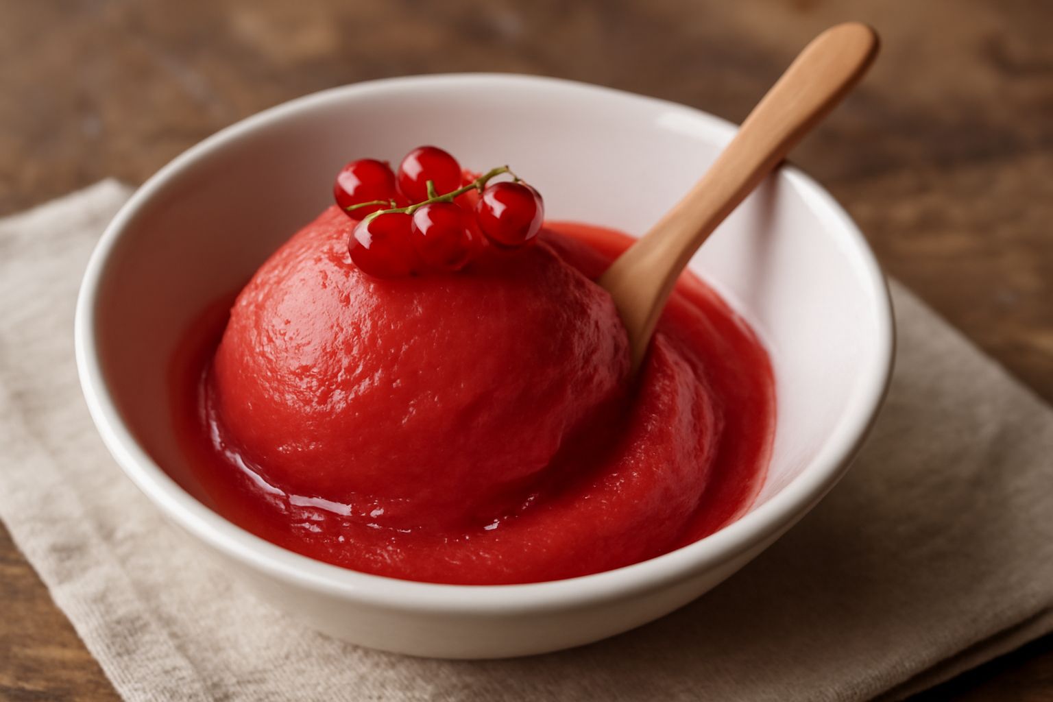 Coppetta di gelato di ribes di colore rosso brillante, servito con cucchiaio di legno, con alcuni frutti di ribes rosso intorno e una foglia di menta fresca