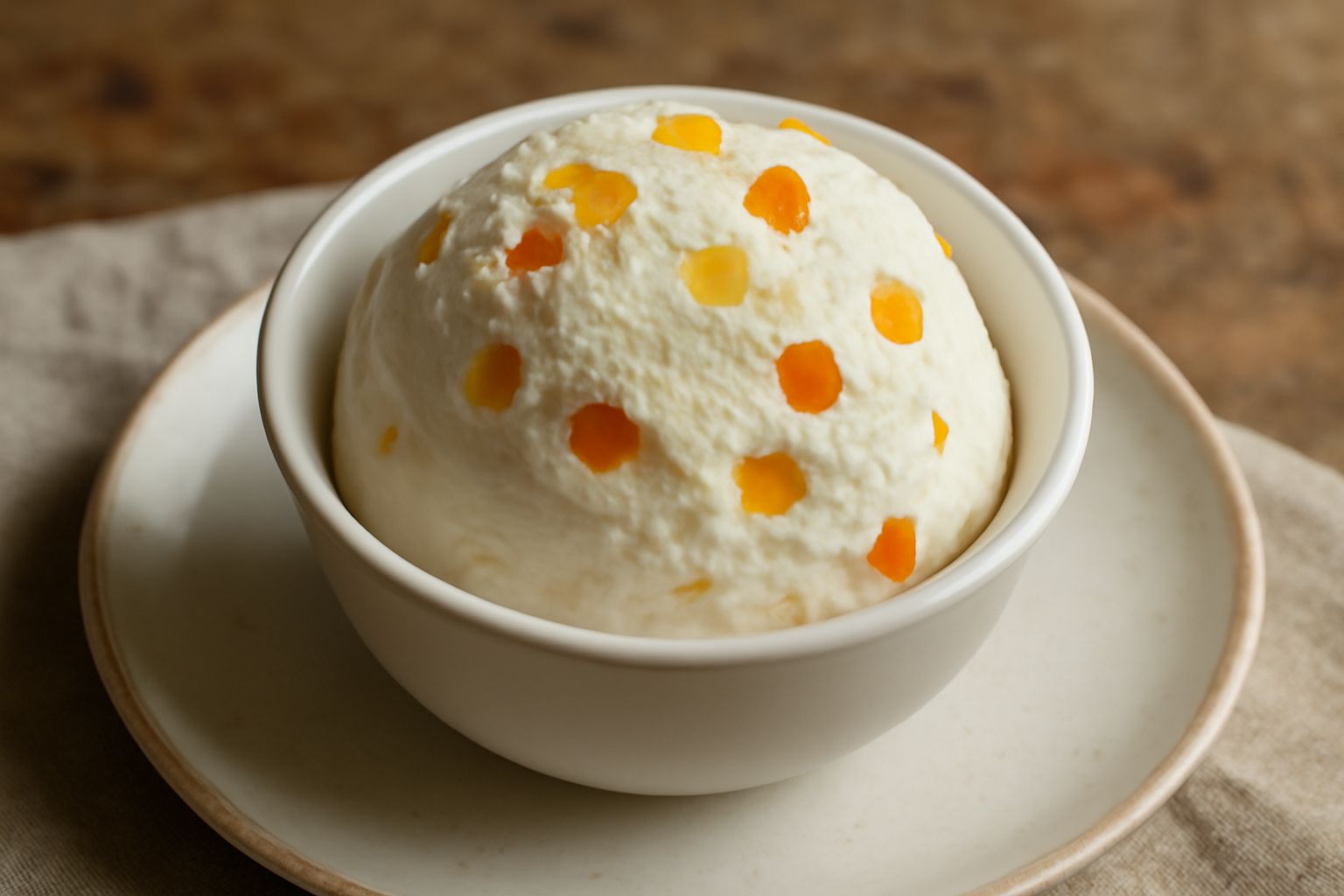 Gelato bianco panna montato in coppetta di vetro, decorato con scaglie di cedro candito giallo e arancia candita rossa, con cucchiaio da gelato infilato, su sfondo chiaro