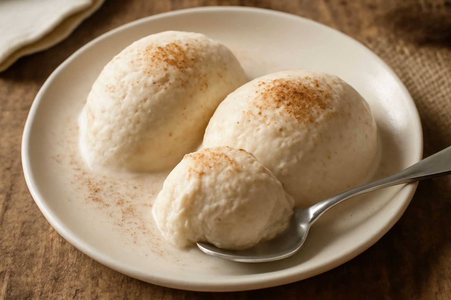Gelato di ricotta e cannella servito in coppetta di vetro con due quenelle di colore bianco avorio, cima cosparsa di polvere di cannella marrone, cucchiaio di legno accanto, sfondo bianco