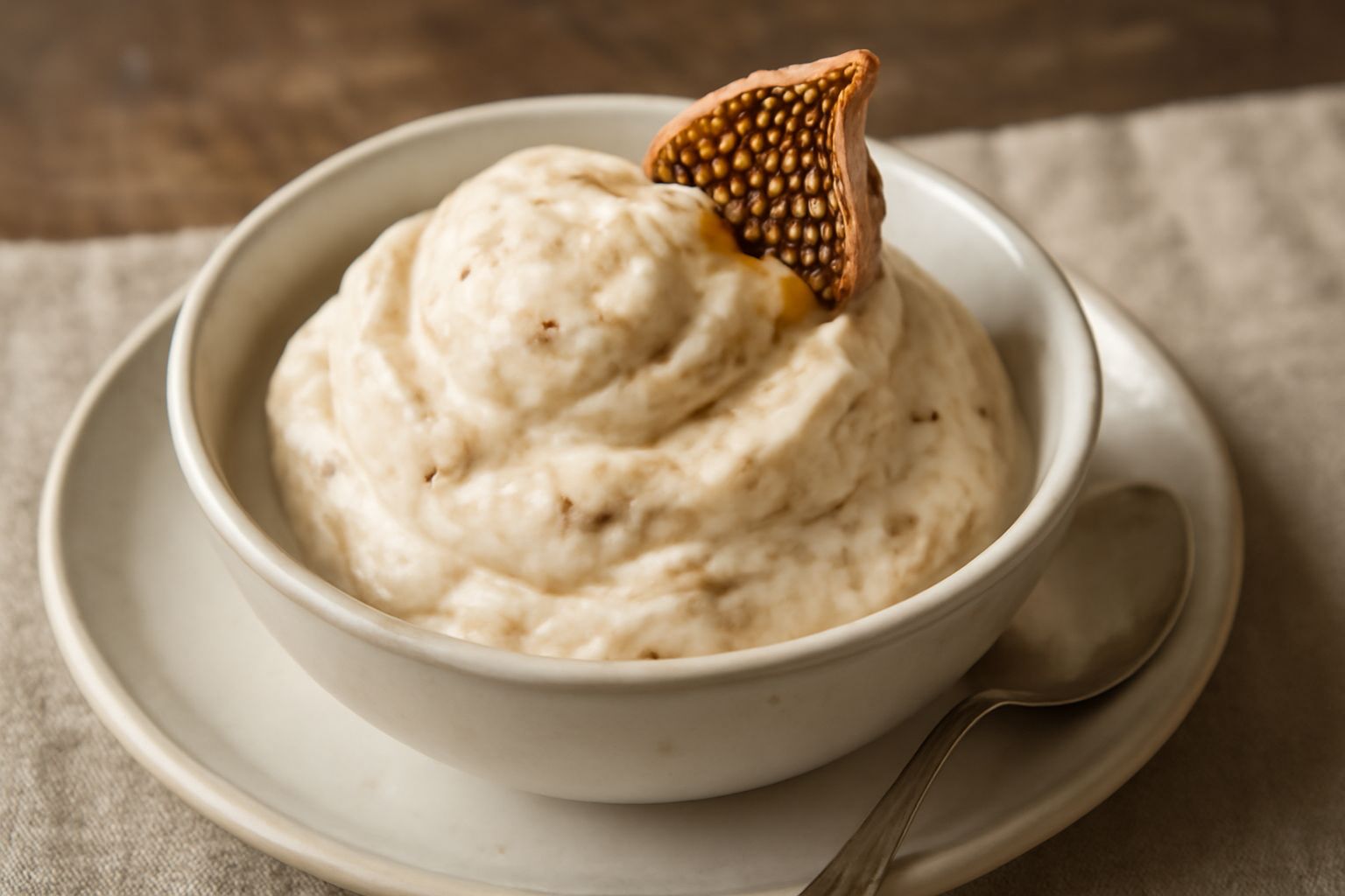Gelato di ricotta e fichi color beige-marrone in coppa di vetro, superficie liscia e vellutata, guarnito con un fico secco spezzato e fili di miele dorato, cucchiaio in acciaio sul lato sinistro
