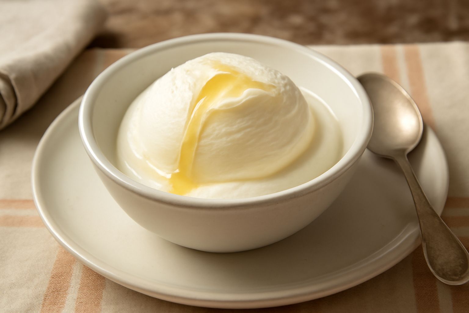 Gelato di ricotta e miele in coppetta di vetro, di colore bianco crema, con filo di miele dorato in superficie, cucchiaio di legno dentro, sfondo grigio chiaro
