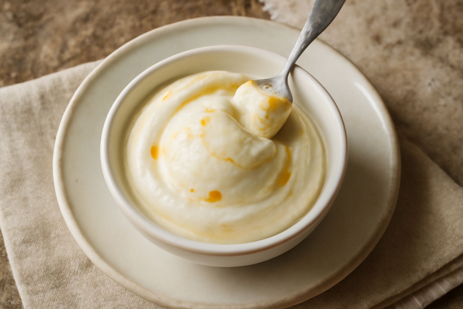 Gelato di ricotta e mostarda in coppetta di vetro trasparente, colore bianco panna con striature ambrate della mostarda, guarnito con un frutto di mostarda candito in cima, cucchiaio in acciaio al lat