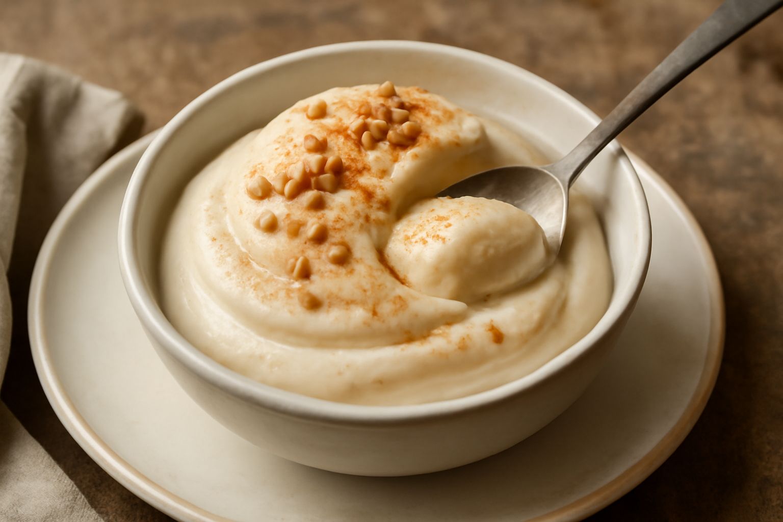 Coppetta di vetro con gelato di riso color crema, superfice liscia con leggere ondulazioni, guarnito con un granello di riso soffiato in cima, servito su piatto bianco
