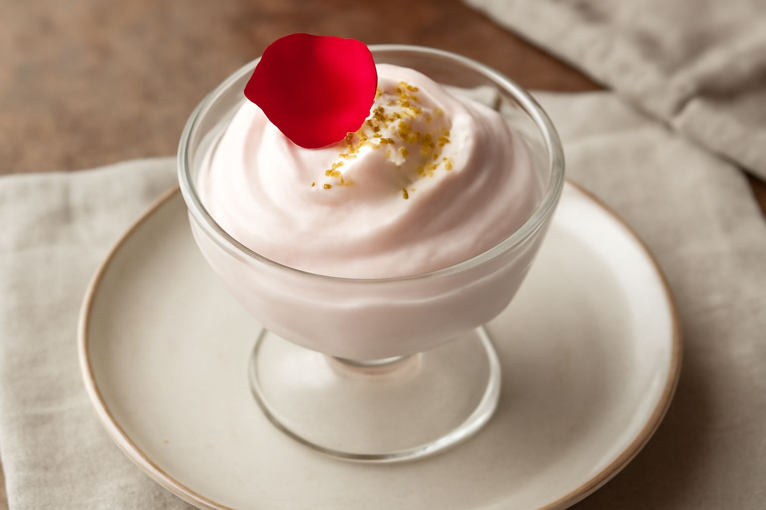 Gelato di rosa in una coppa bianca, cremoso con superficie liscia color rosa pallido, guarnito con un petalo di rosa fresca e un cucchiaio di legno accanto