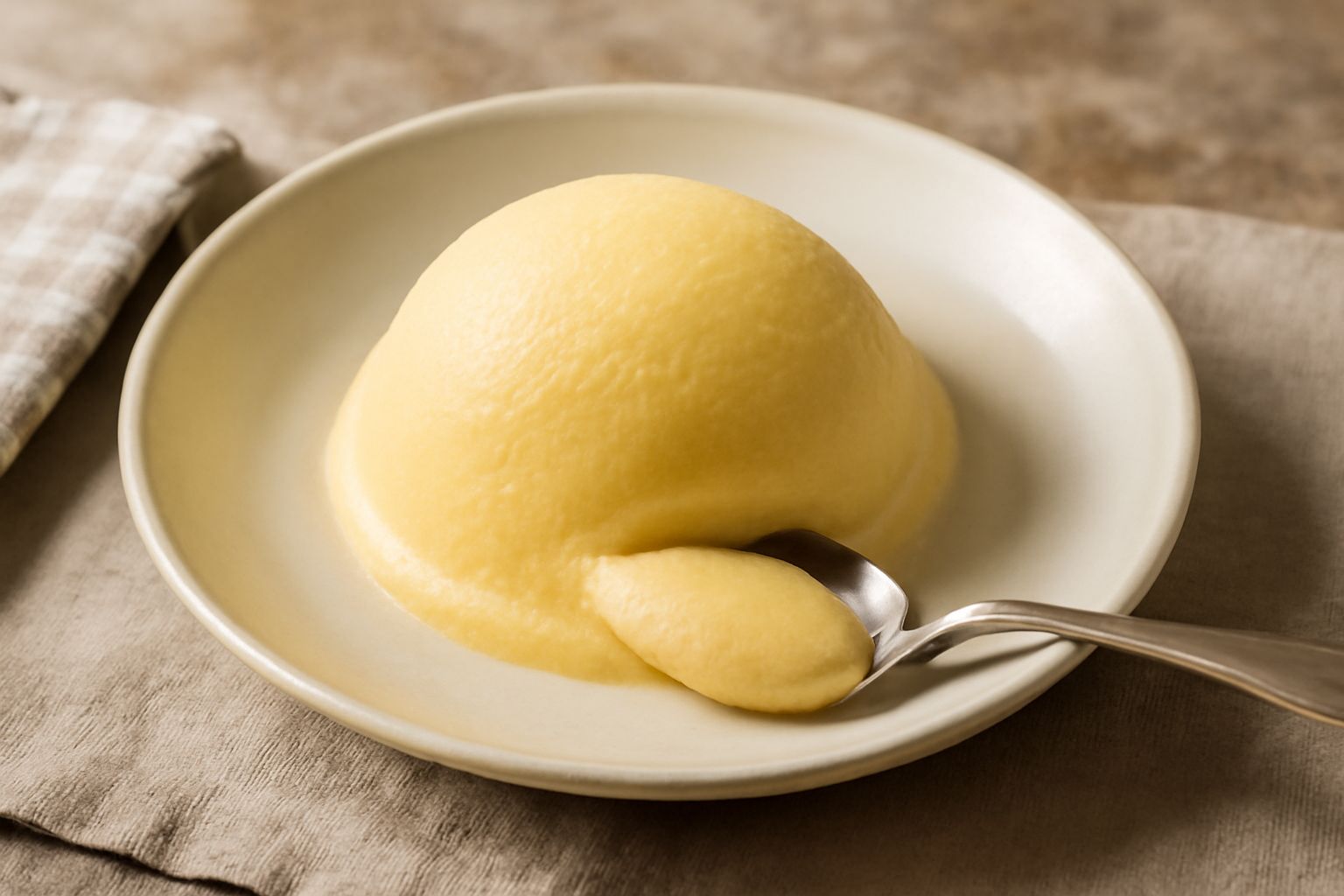 Gelato di semolina giallo panna servito in una coppetta di vetro trasparente, tre cucchiai di legno accanto, con una leggera crepa sulla superficie liscia del gelato
