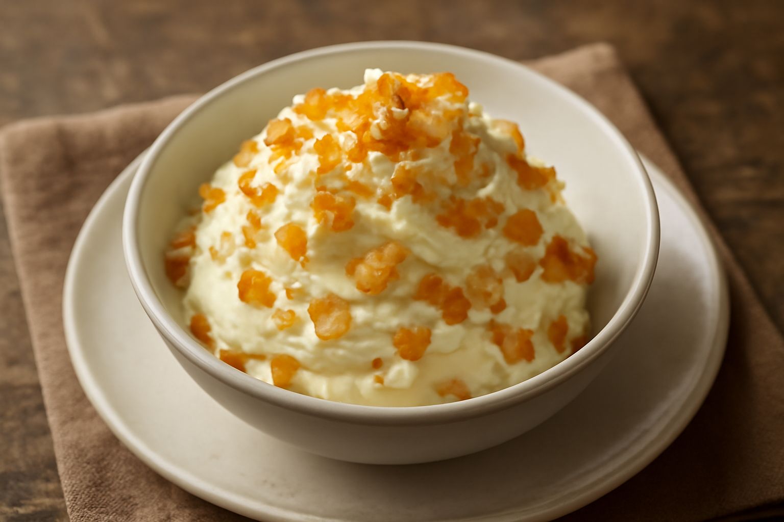 Coppetta di gelato bianco cremoso con scaglie dorate croccanti di sfoglia friabile, gocce di canditi gialli, servito con cucchiaio di legno su piatto bianco
