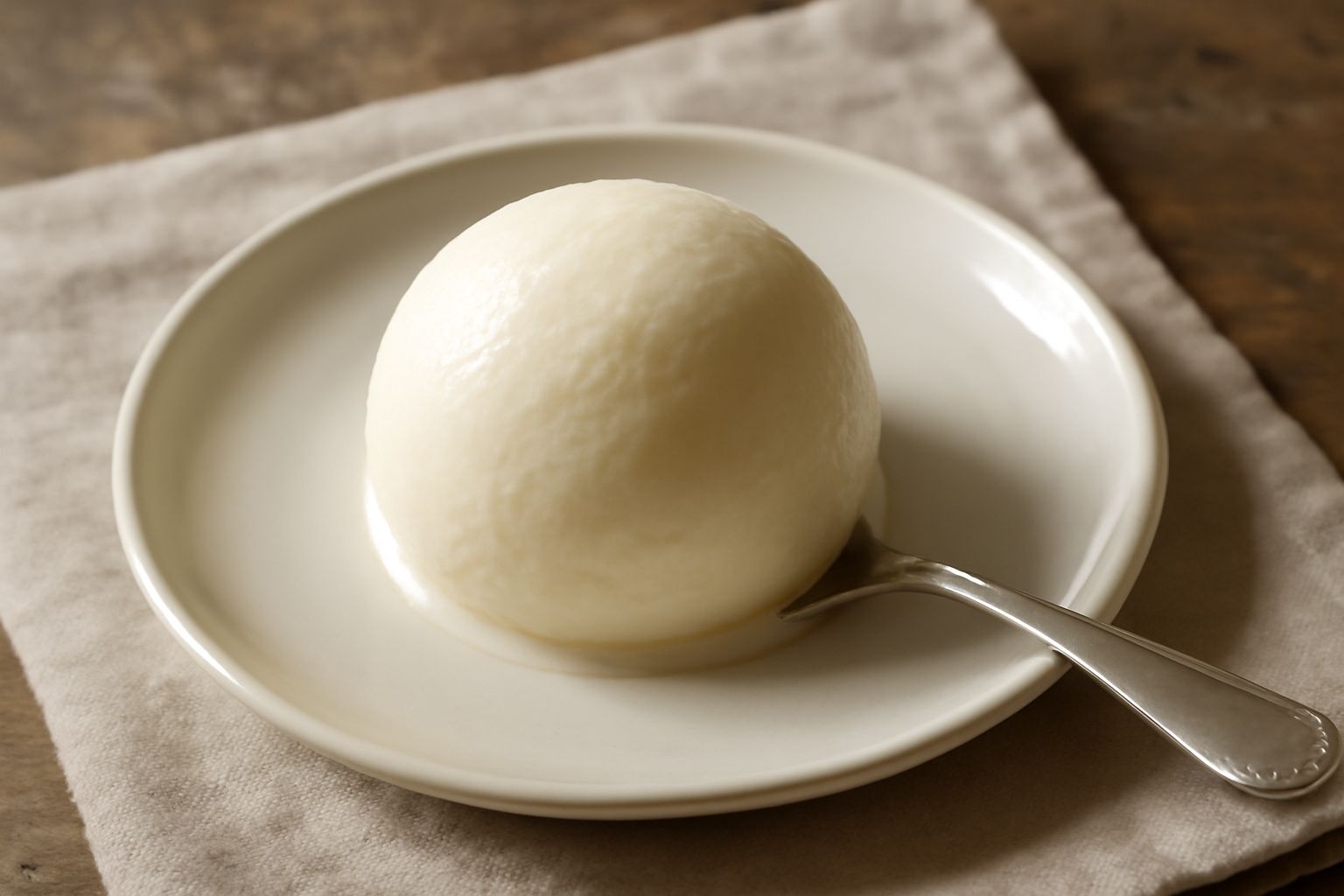 Gelato di spuma di riso color bianco crema servito in coppetta di vetro, con una pallina sferica ben definita, superficie liscia e brillante, guarnito con un biscotto croccante su un piatto bianco con