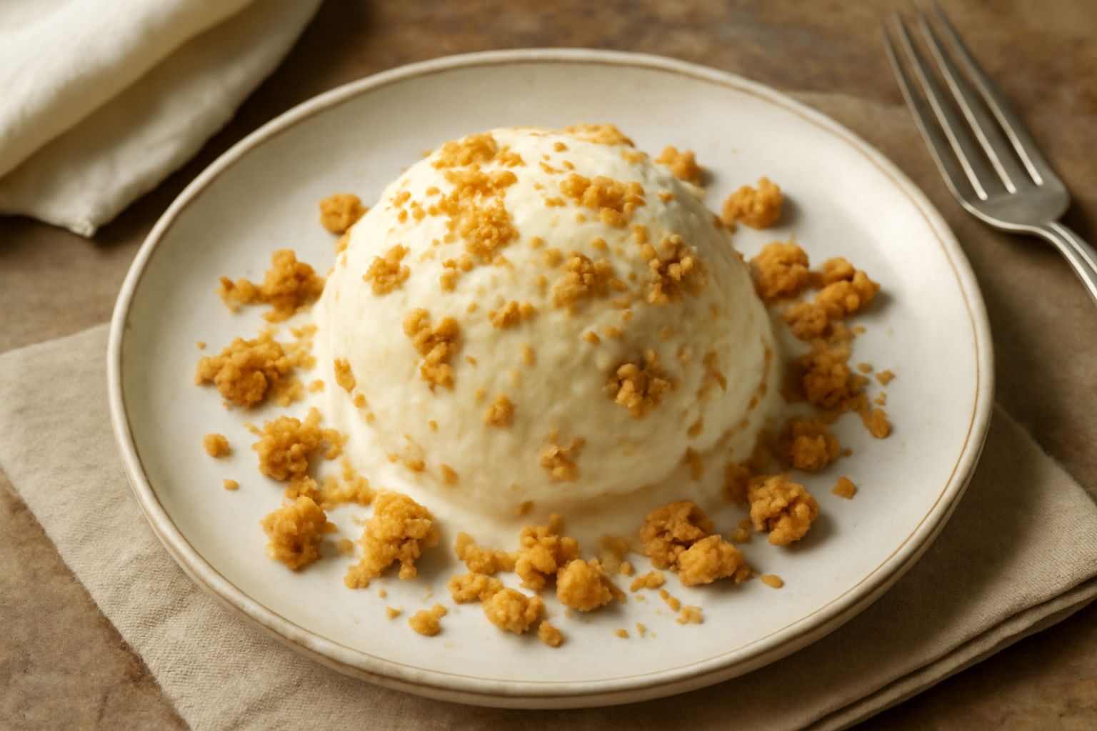 Gelato vaniglia con pezzetti di streusel croccanti servito in una coppetta bianca, visibili chiaramente i frammenti color nocciola e le scaglie di zucchero sulla superficie, decorato con una ciliegia