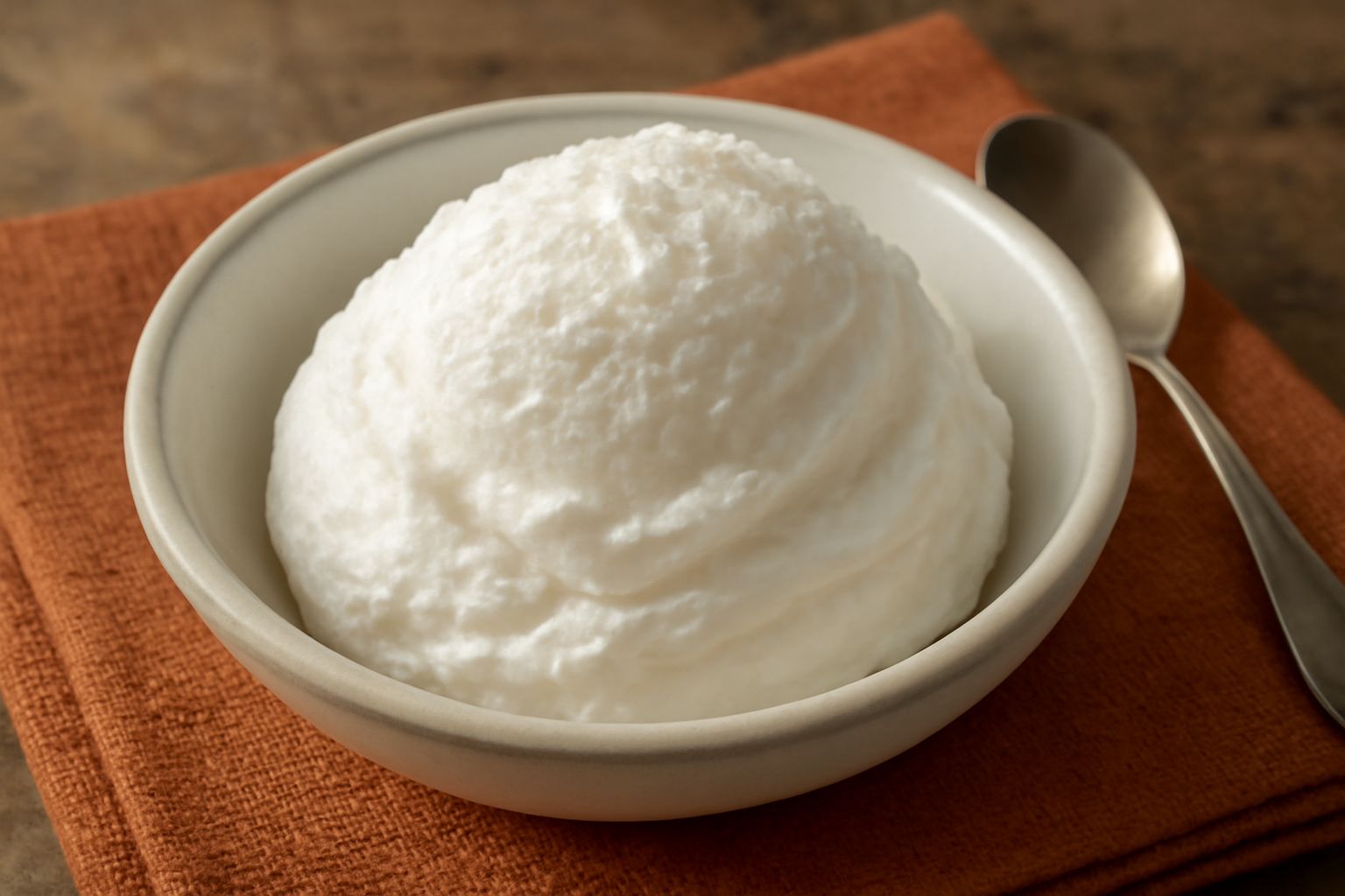 Coppetta di gelato bianco e compatto con cristalli di ghiaccio visibili, in coppa di vetro trasparente, con cucchiaio di legno accanto su sfondo bianco