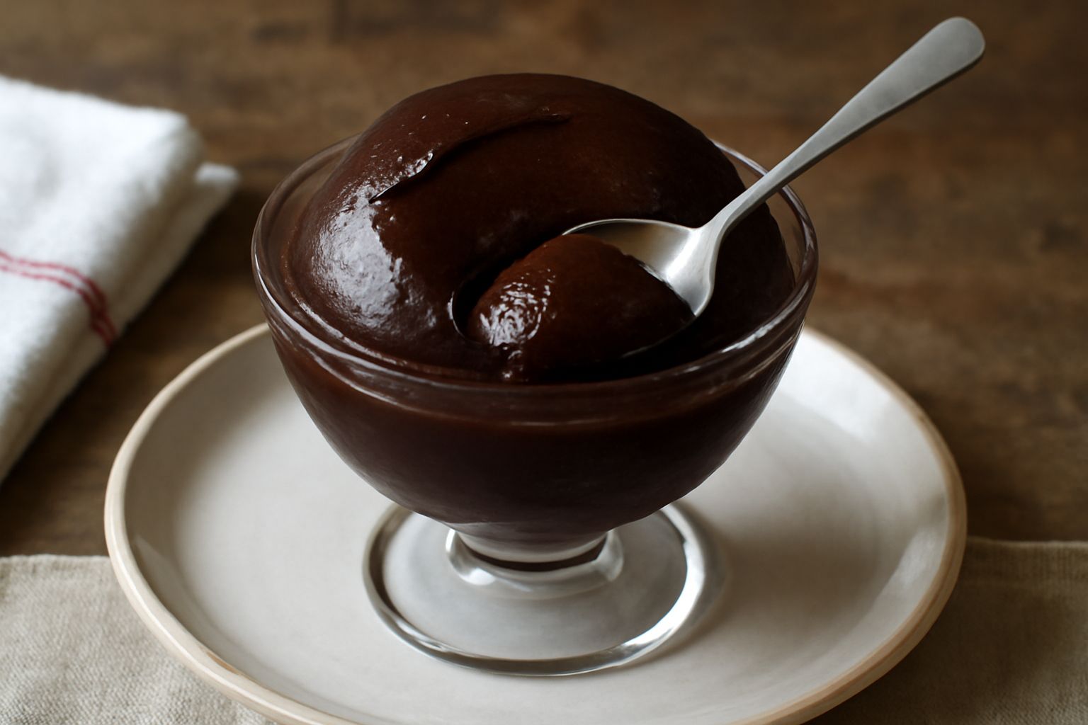 Gelato marrone scuro di strutto e cacao servito in coppa di vetro trasparente, con superficie liscia e lucida, guarnito con scaglie di cioccolato fondente e un cucchiaio di legno al fianco