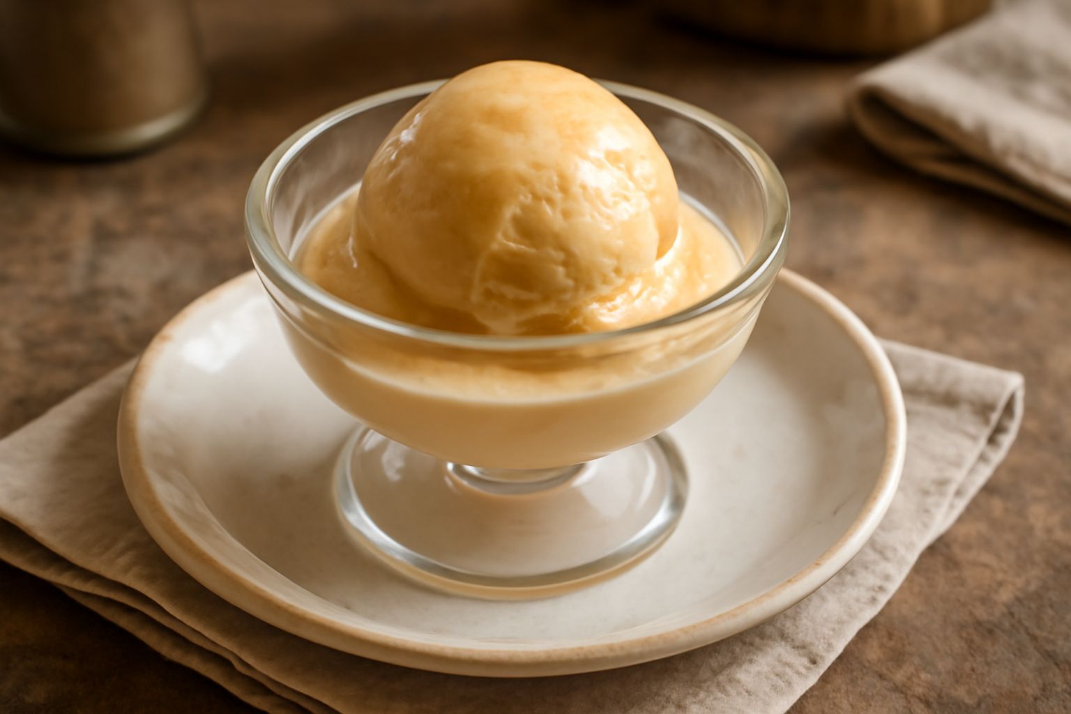 Gelato di colore beige chiaro con riflessi dorate, cremoso, servito in coppa di vetro con una cucchiaiata che mostra la consistenza densa e omogenea, guarnito con un filo di miele liquido sulla superf
