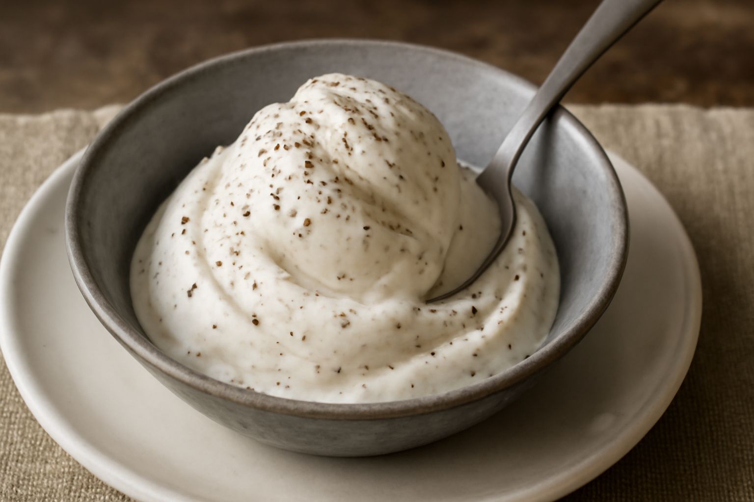 Gelato bianco panna con venature di pepe nero macinato, servito in una coppa trasparente con un cucchiaio, dettagli di cristalli di pepe visibili in superficie e nei solchi del gelato