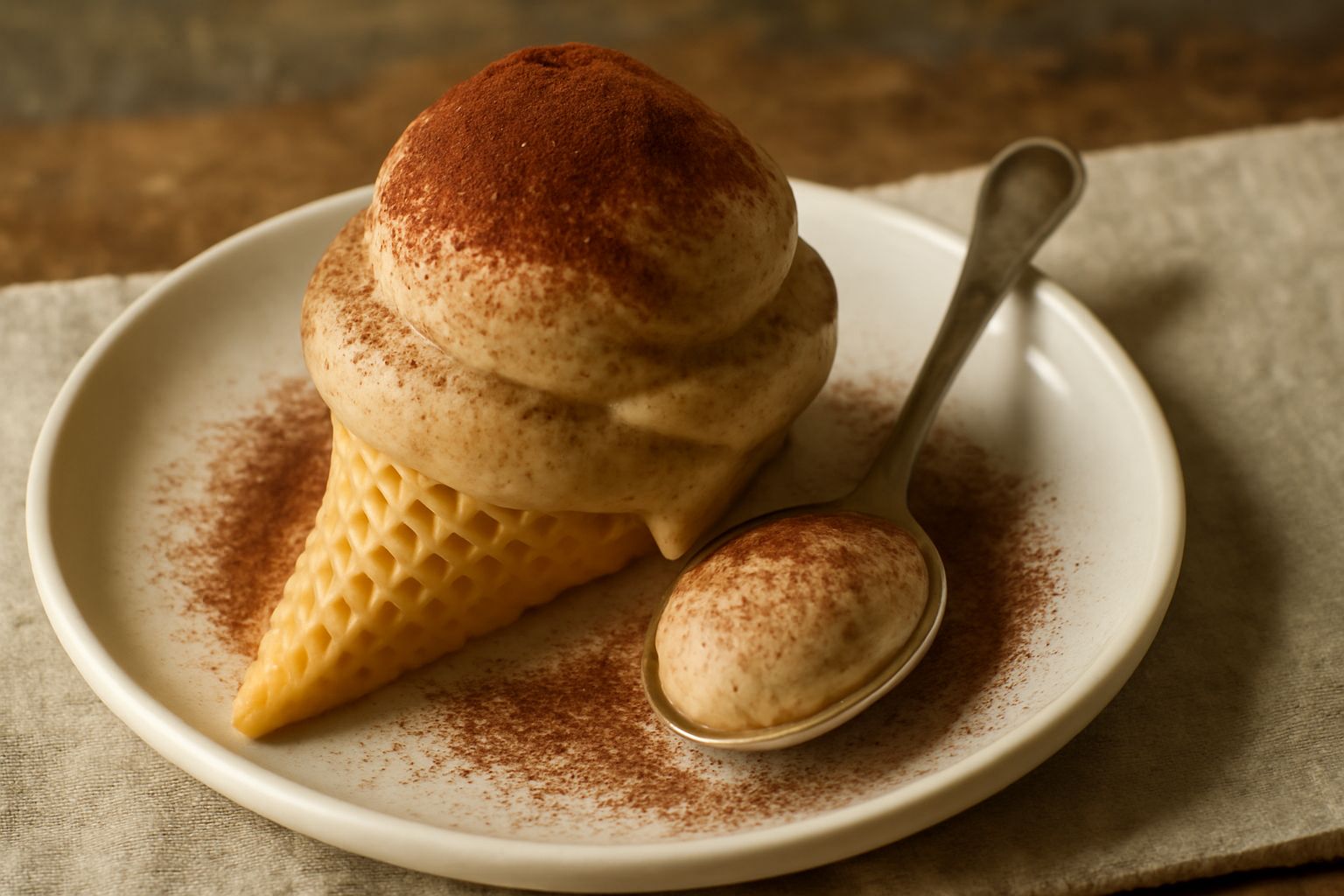 Coppetta di gelato di tiramisu beige e marrone, con una spolverata di cacao in polvere sulla superficie, una cucchiaiata di gelato con visibili venature di caffè e pezzetti di biscotto, sfondo bianco