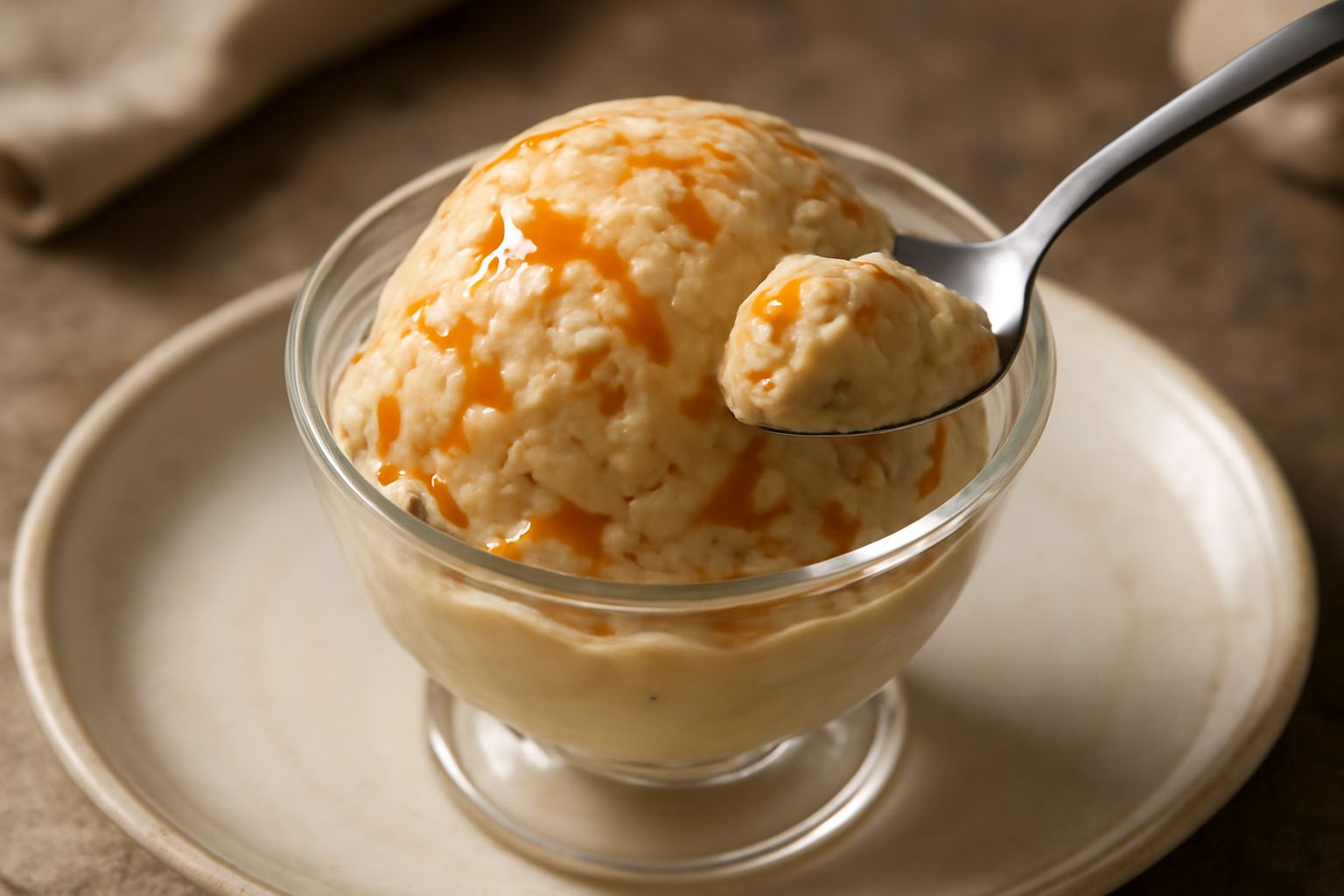 Gelato di torrone color avorio con nocciolate visibili, servito in coppa di vetro con cucchiaio, qualche frammento di torrone croccante come guarnizione sulla parte superiore