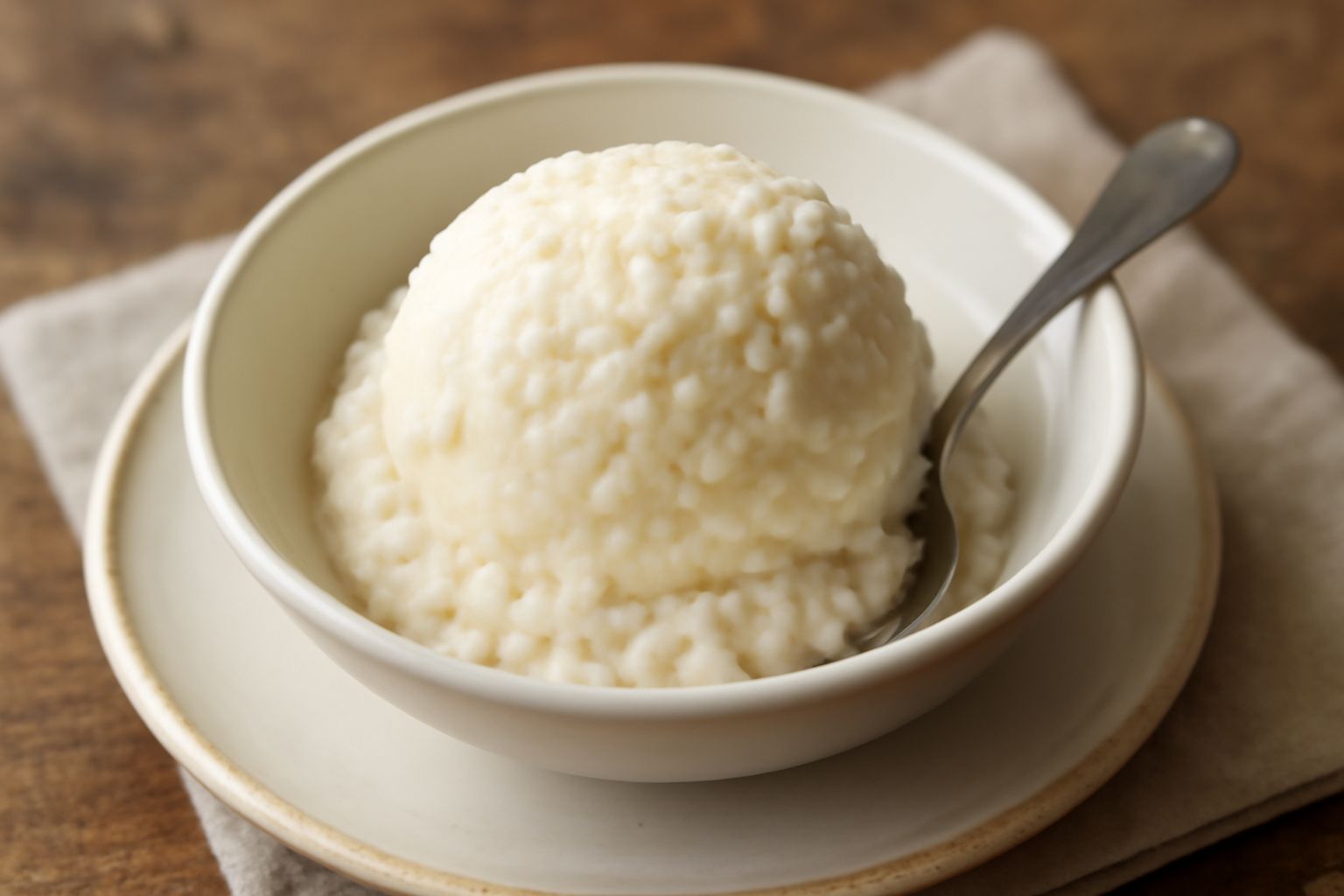 Gelato bianco crema in coppetta di vetro con frammenti di riso visibili, guarnito con qualche chicco di riso tostato, cucchiaio di legno, sfondo neutro chiaro